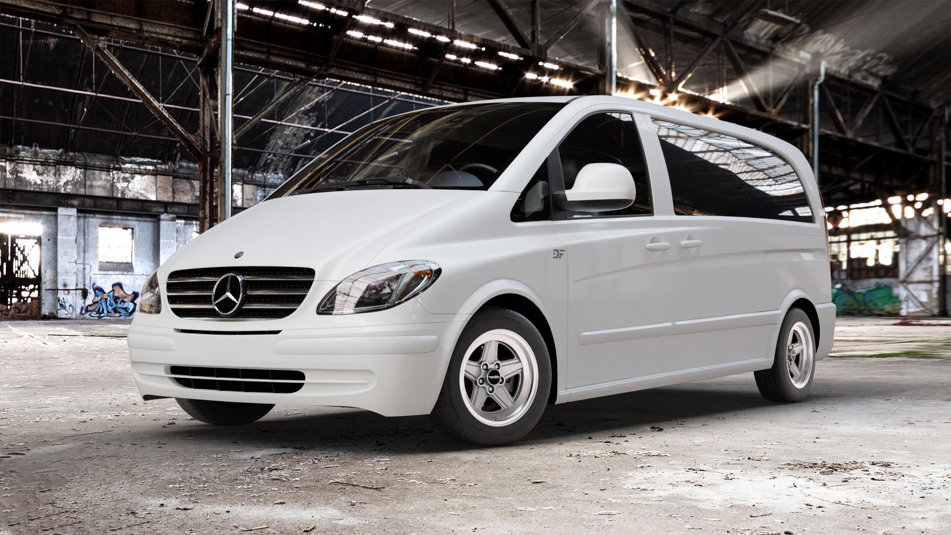 Maxilite Penta Style silber/glanzgedreht Felge mit Reifen in 16Zoll Alufelge auf weissem Mercedes Vito Bus Typ W639 Viano ⬇️ mit 15mm Tieferlegung ⬇️ Old Industrial Hall_max_5300mm_2024 Frontansicht_1