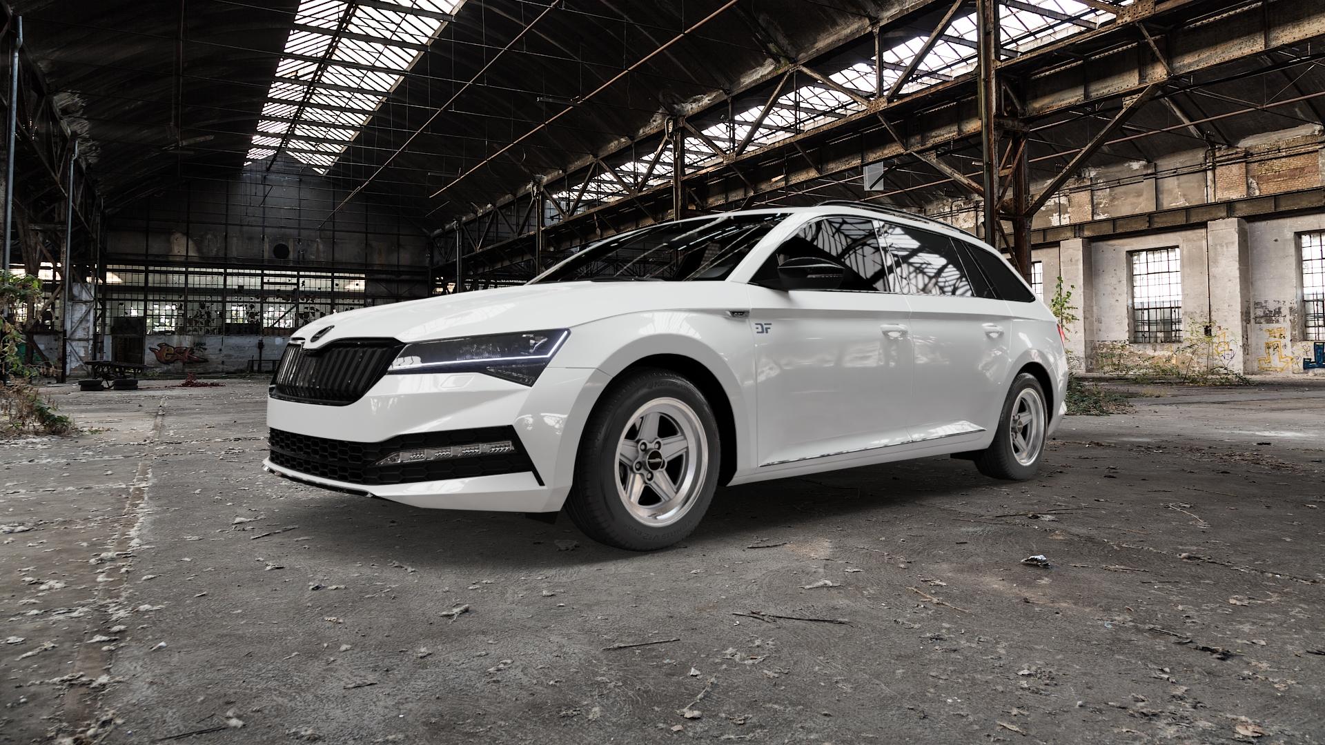 Maxilite Penta Style silber/glanzgedreht Felge mit Reifen in 16Zoll Alufelge auf weissem Skoda Superb III Kombi Typ 3V Facelift ⬇️ mit 15mm Tieferlegung ⬇️ Old Industrial Hall_max5000mm_2022 Frontansicht_1