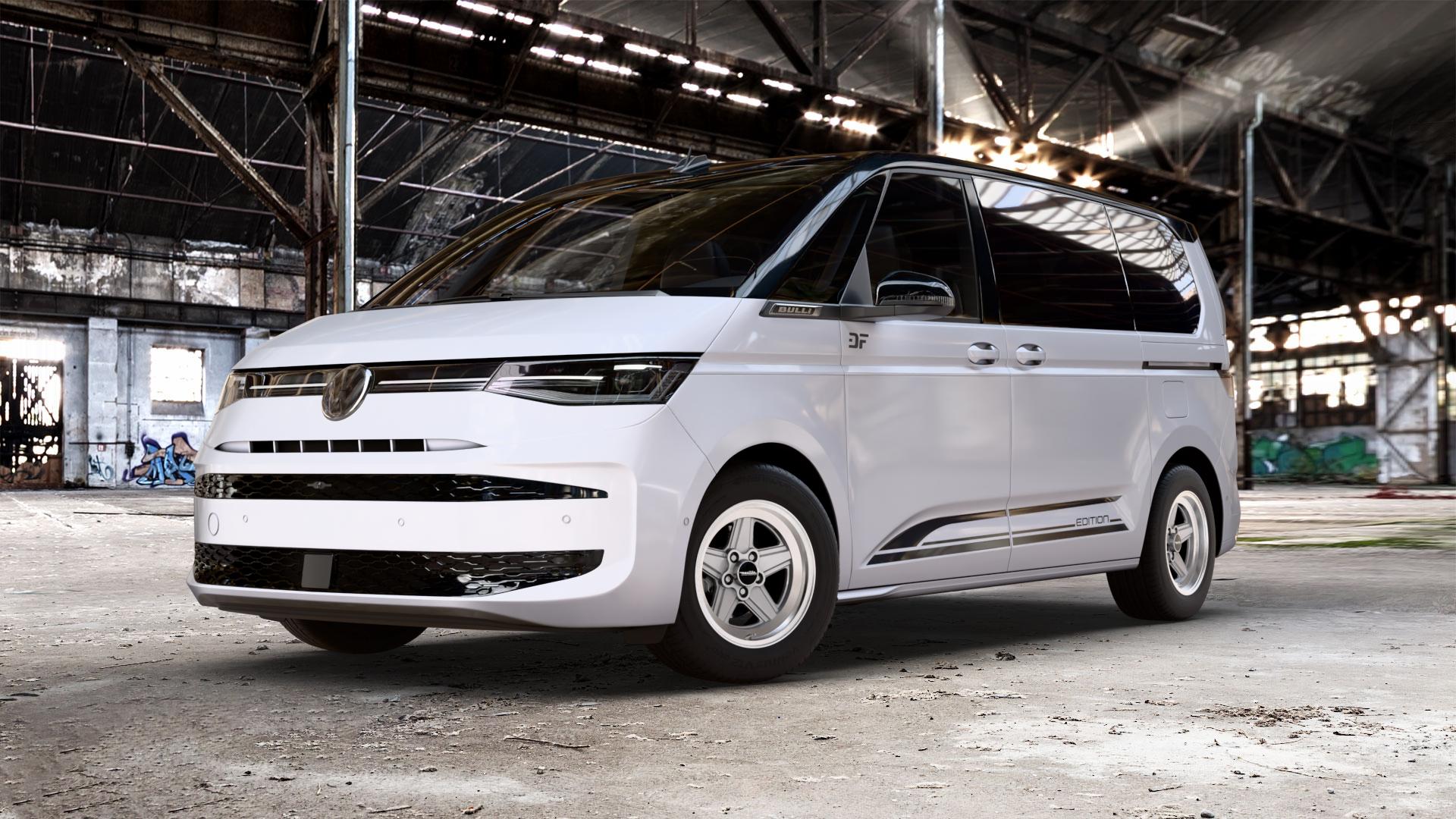 Maxilite Penta Style silber/glanzgedreht Felge mit Reifen in 16Zoll Alufelge auf weissem und schwarzem Volkswagen (VW) T7 Multivan Bus ⬇️ mit 15mm Tieferlegung ⬇️ Old Industrial Hall_max_5300mm_2024 Frontansicht_1