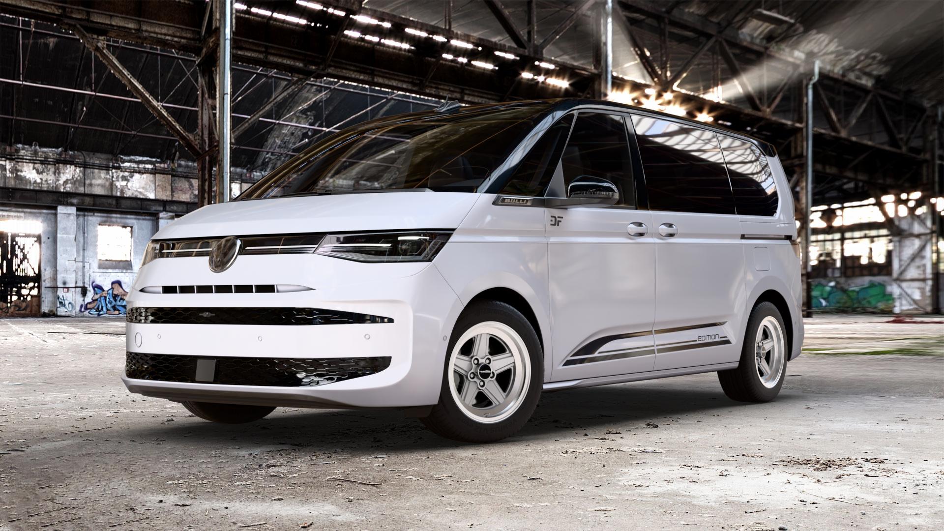 Maxilite Penta Style silber/glanzgedreht Felge mit Reifen in 17Zoll Alufelge auf weissem und schwarzem Volkswagen (VW) T7 Multivan Bus ⬇️ mit 15mm Tieferlegung ⬇️ Old Industrial Hall_max_5300mm_2024 Frontansicht_1