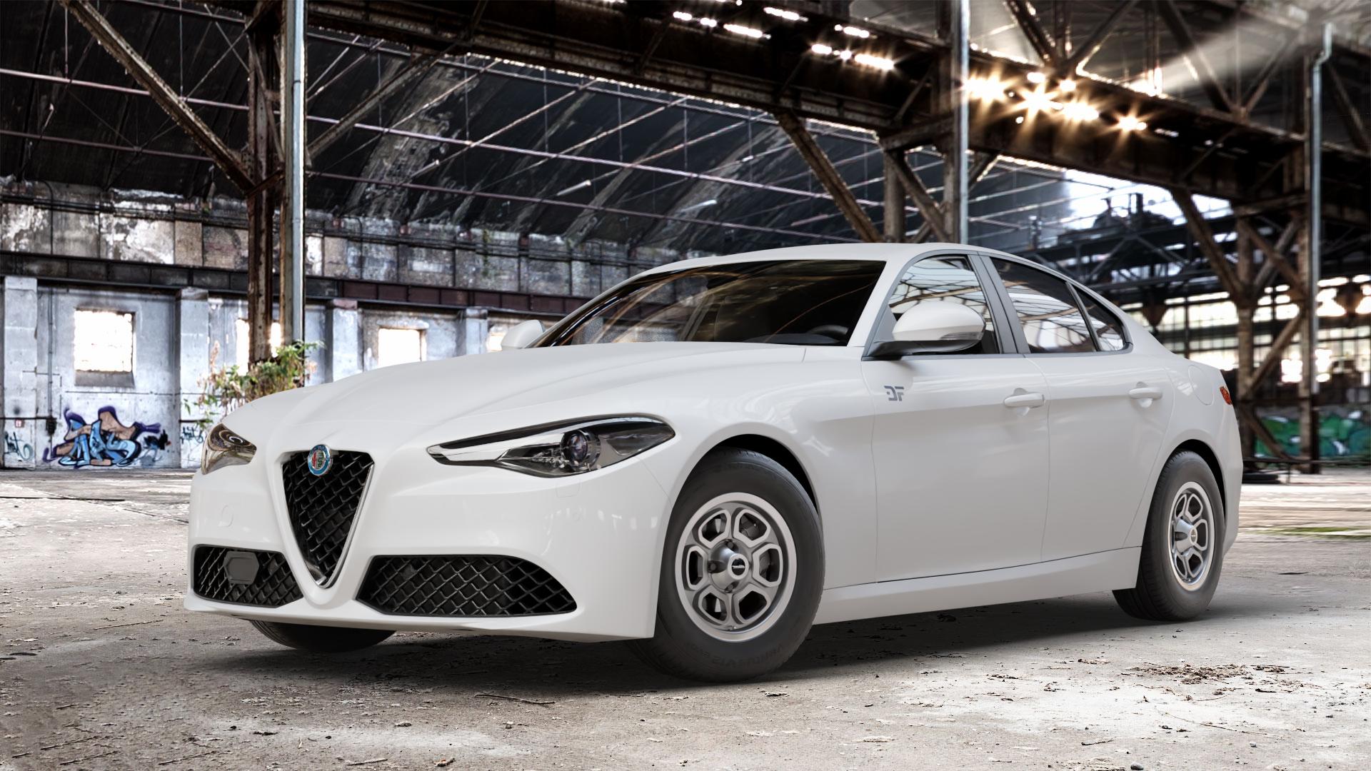 Maxilite Vega Style silber/glanzgedreht Felge mit Reifen in 14Zoll Alufelge auf weissem Alfa Romeo Giulia Typ 952 ⬇️ mit 15mm Tieferlegung ⬇️ Old Industrial Hall_max_4400mm_2024 Frontansicht_1