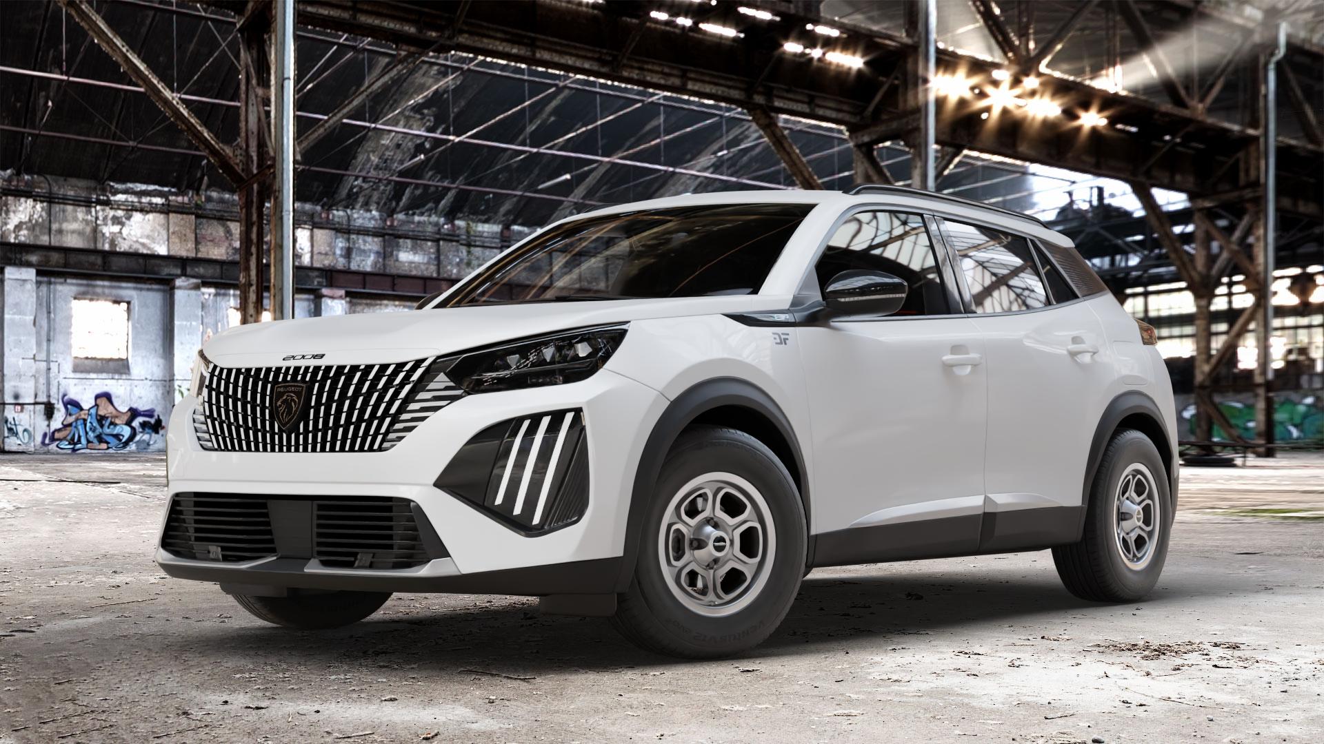 Maxilite Vega Style silber/glanzgedreht Felge mit Reifen in 14Zoll Alufelge auf weissem Peugeot 2008 Typ U Facelift ⬇️ mit 15mm Tieferlegung ⬇️ Old Industrial Hall_max_4400mm_2024 Frontansicht_1