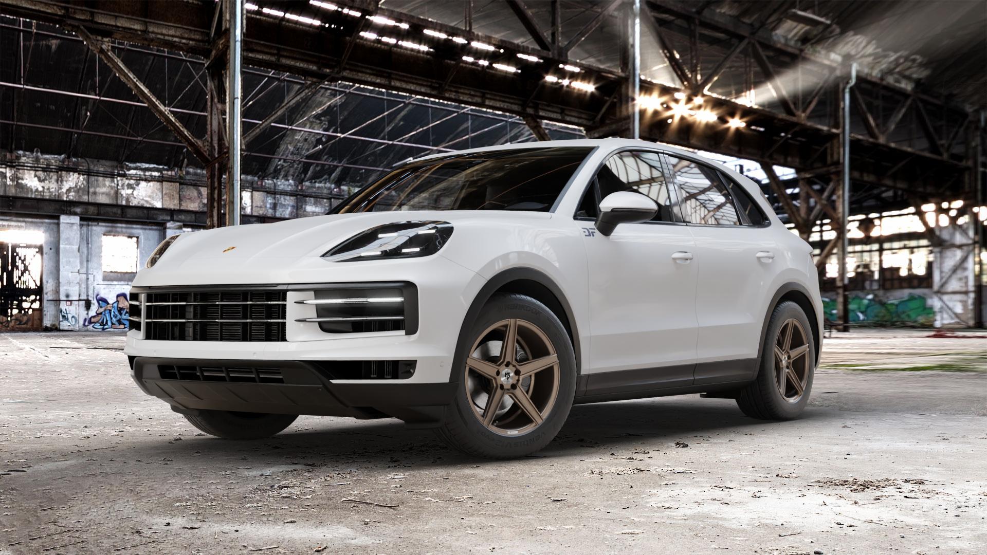 MB-DESIGN KV1 Bronze seidenmatt Felge mit Reifen in 19Zoll Winterfelge Alufelge auf weissem Porsche Cayenne III Typ 9YA Facelift ⬇️ mit 15mm Tieferlegung ⬇️ Old Industrial Hall_max_5300mm_2024 Frontansicht_1