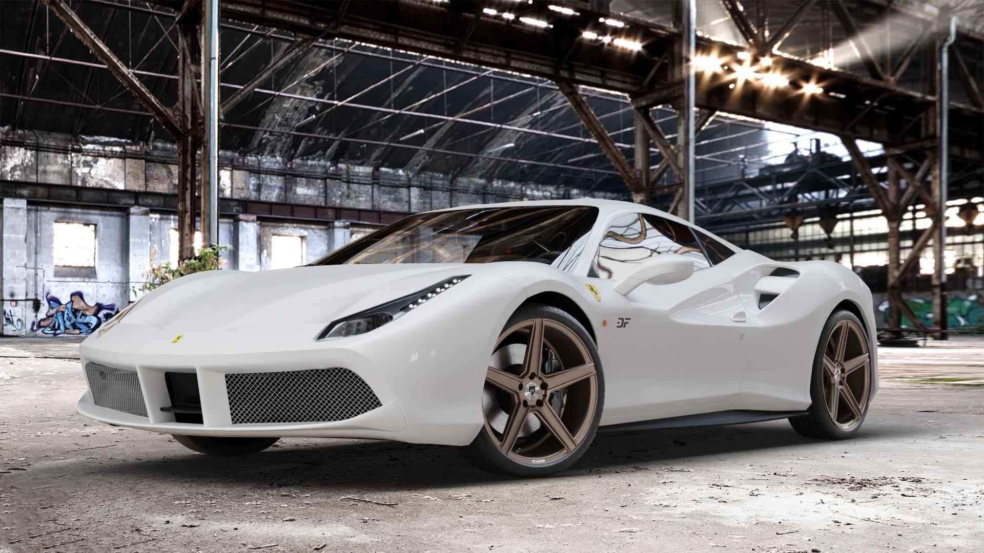 MB-DESIGN KV1 Bronze seidenmatt Felge mit Reifen in 20Zoll Winterfelge Alufelge auf weissem Ferrari 488 GTB ⬇️ mit 15mm Tieferlegung ⬇️ Old Industrial Hall_max_4400mm_2024 Frontansicht_1