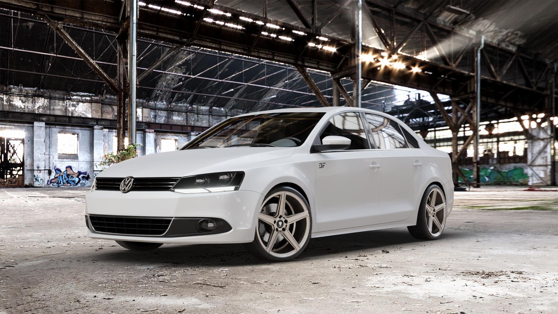 MB-DESIGN KV1 Champagner matt Felge mit Reifen gold in 19Zoll Winterfelge Alufelge auf weissem Volkswagen (VW) Jetta 6 Typ 16 Facelift ⬇️ mit 15mm Tieferlegung ⬇️ Old Industrial Hall_max_5300mm_2024 Frontansicht_1