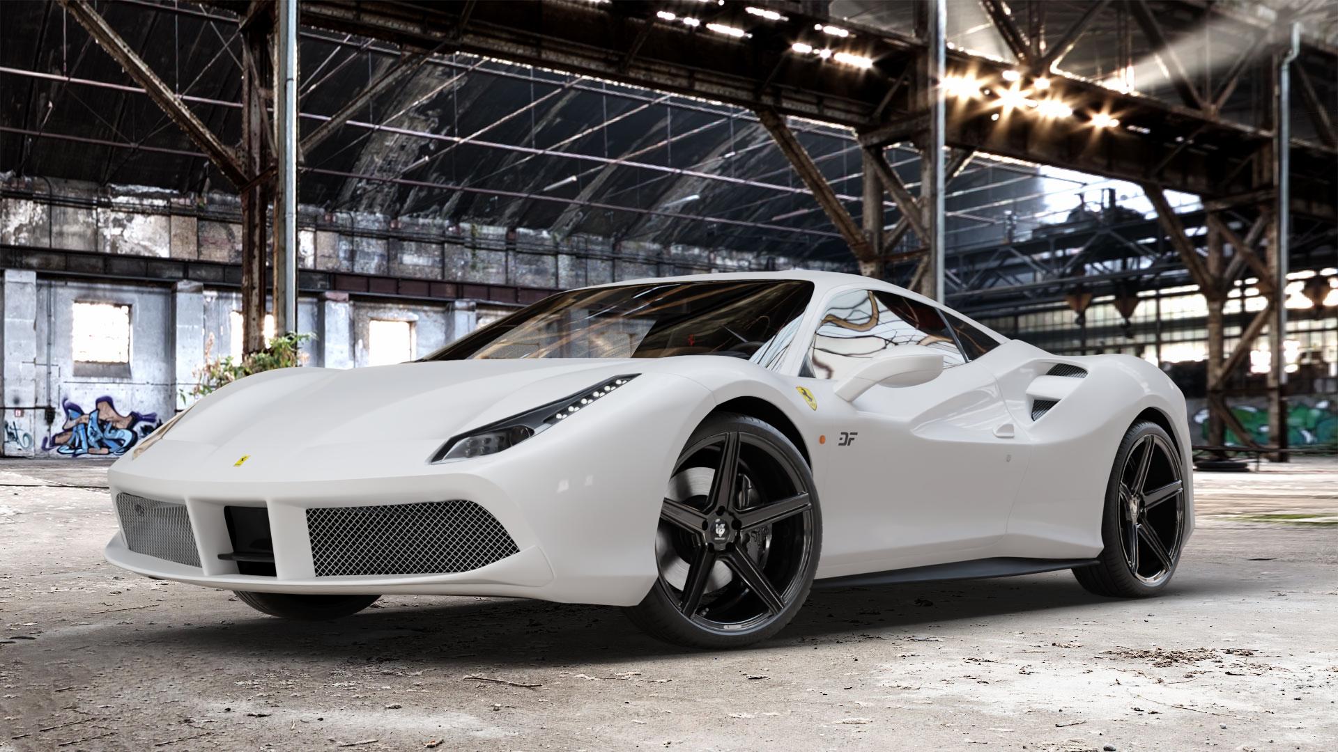 MB-DESIGN KV1 DC Glanzschwarz Felge mit Reifen in 20Zoll Winterfelge Alufelge auf weissem Ferrari 488 GTB ⬇️ mit 15mm Tieferlegung ⬇️ Old Industrial Hall_max_4400mm_2024 Frontansicht_1
