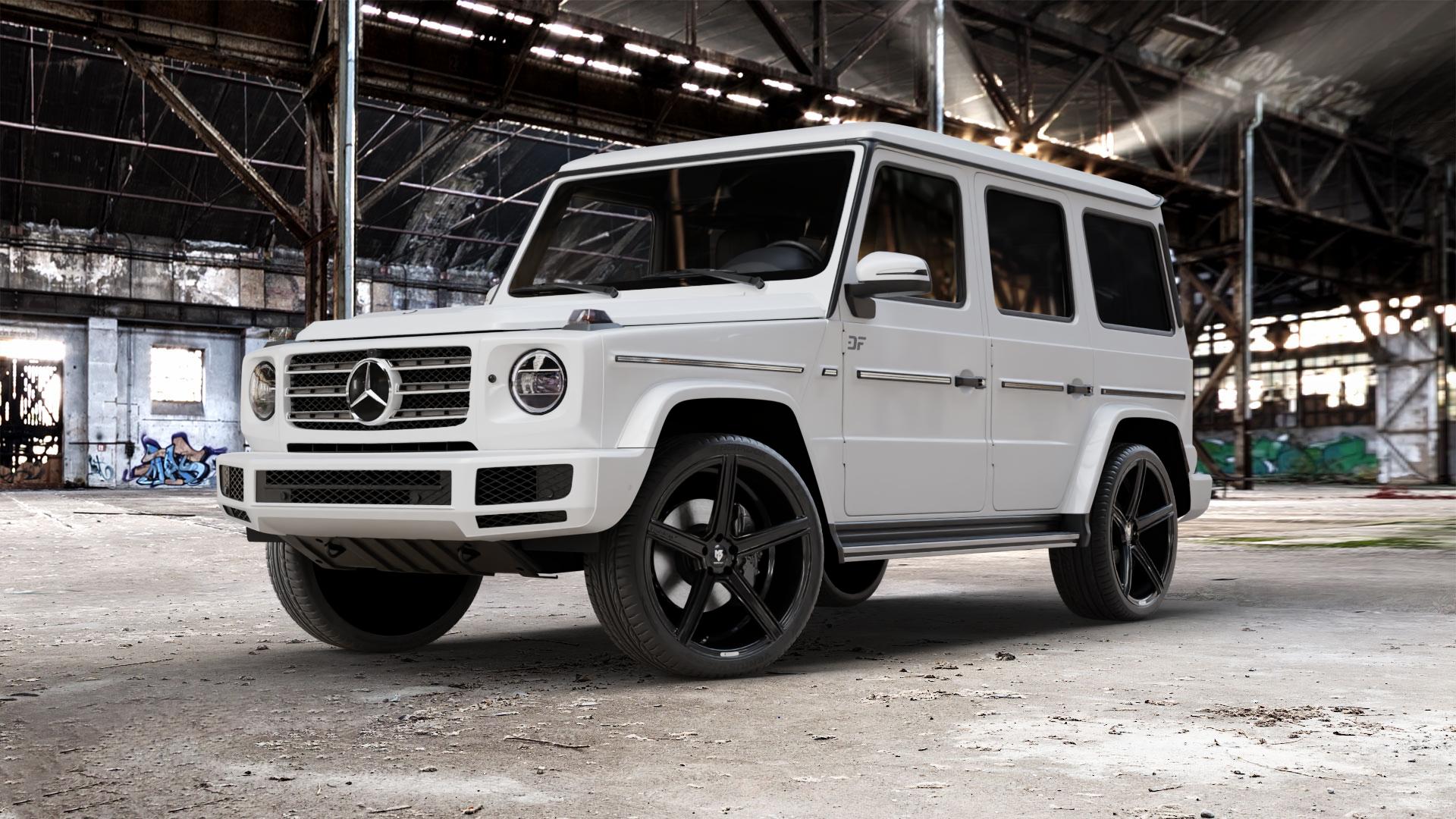 MB-DESIGN KV1 DC Glanzschwarz Felge mit Reifen in 23Zoll Winterfelge Alufelge auf weissem Mercedes G-Klasse Typ W463 Facelift (18->) ⬇️ mit 15mm Tieferlegung ⬇️ Old Industrial Hall_max_5300mm_2024 Frontansicht_1