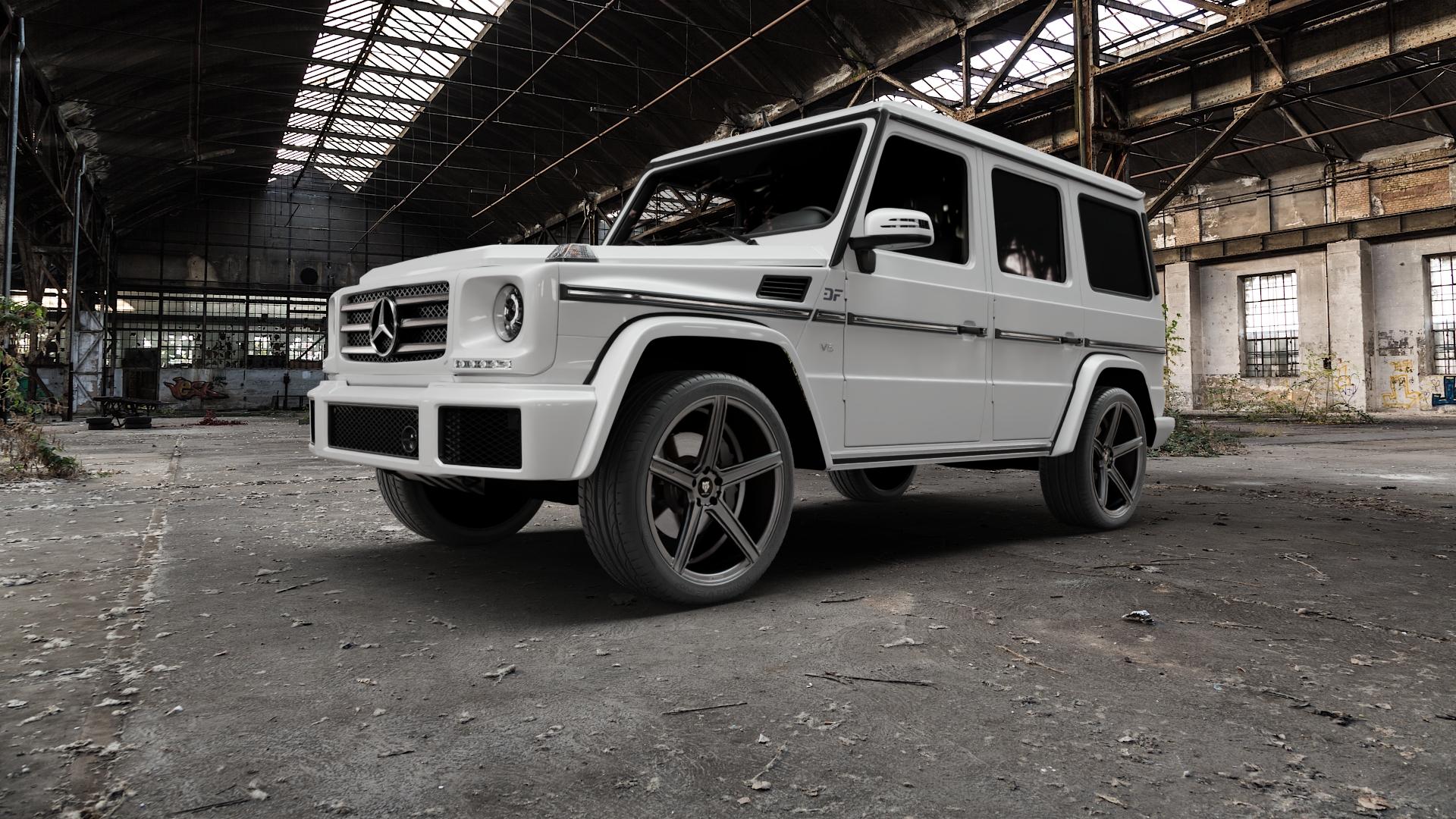MB-DESIGN KV1 DC Mattgrau Felge mit Reifen in 22Zoll Winterfelge Alufelge auf weissem Mercedes G-Klasse Typ W463 ⬇️ mit 15mm Tieferlegung ⬇️ Old Industrial Hall_max5000mm_2022 Frontansicht_1