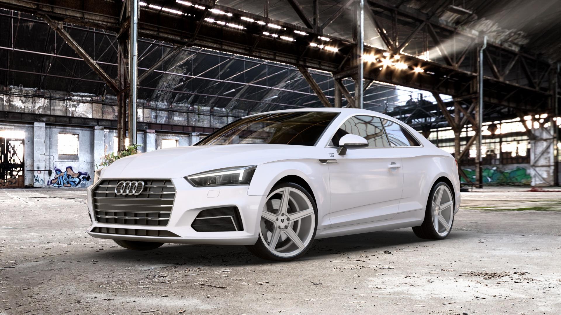 MB-DESIGN KV1 DC Silber Felge mit Reifen in 20Zoll Winterfelge Alufelge auf weissem Audi A5 Typ B9 (Coupé) ⬇️ mit 15mm Tieferlegung ⬇️ Old Industrial Hall_max_5300mm_2024 Frontansicht_1