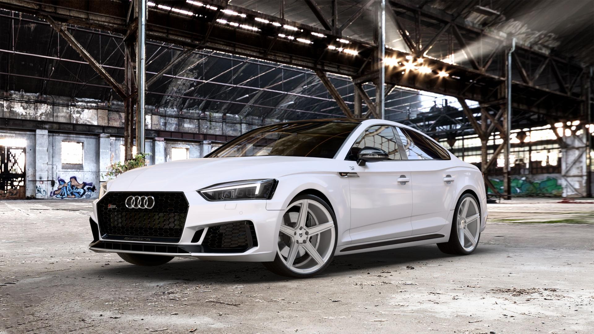 MB-DESIGN KV1 DC Silber Felge mit Reifen in 20Zoll Winterfelge Alufelge auf weissem Audi A5 Typ B9 (Sportback) 3,0l S5 TFSI quattro 260kW (354 PS) 2,9l RS5 331kW (450 TDI 255kW Mild-Hybrid (347 ⬇️ mit 15mm Tieferlegung ⬇️ Old Industrial Hall_max_5300mm_2024 Frontansicht_1