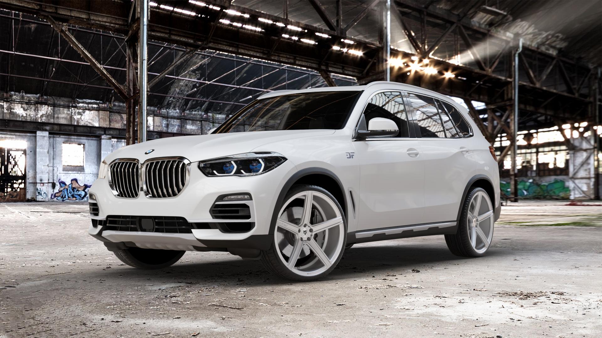 MB-DESIGN KV1 DC Silber Felge mit Reifen in 23Zoll Winterfelge Alufelge auf weissem BMW X5 Typ G05 (G5X) ⬇️ mit 15mm Tieferlegung ⬇️ Old Industrial Hall_max_5300mm_2024 Frontansicht_1