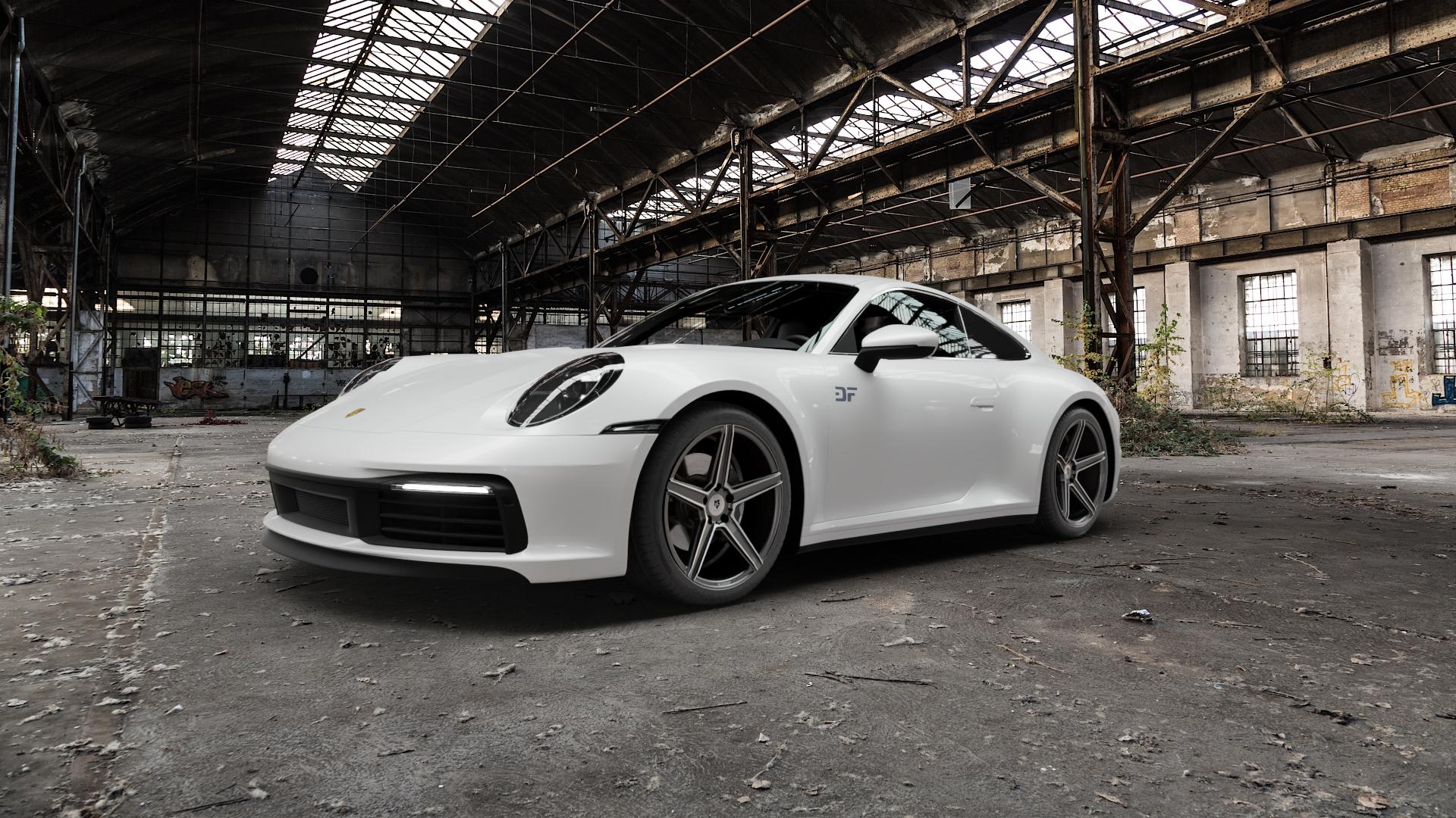 MB-DESIGN KV1 Glanzgrau poliert Felge mit Reifen silber in 19Zoll Alufelge auf weissem Porsche 911 Typ 992 Cabriolet 992TR Targa Facelift ⬇️ mit 15mm Tieferlegung ⬇️ Old Industrial Hall_max5000mm_2022 Frontansicht_1