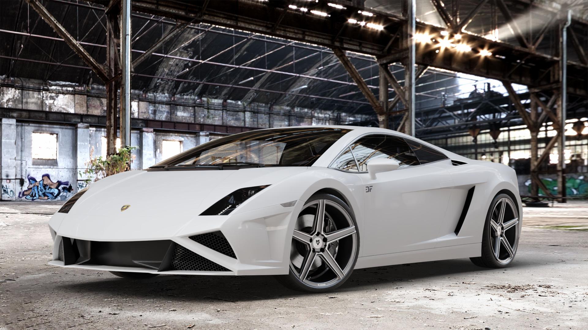 MB-DESIGN KV1 Glanzgrau poliert Felge mit Reifen silber in 20Zoll Alufelge auf weissem Lamborghini Gallardo ⬇️ mit 15mm Tieferlegung ⬇️ Old Industrial Hall_max_4400mm_2024 Frontansicht_1
