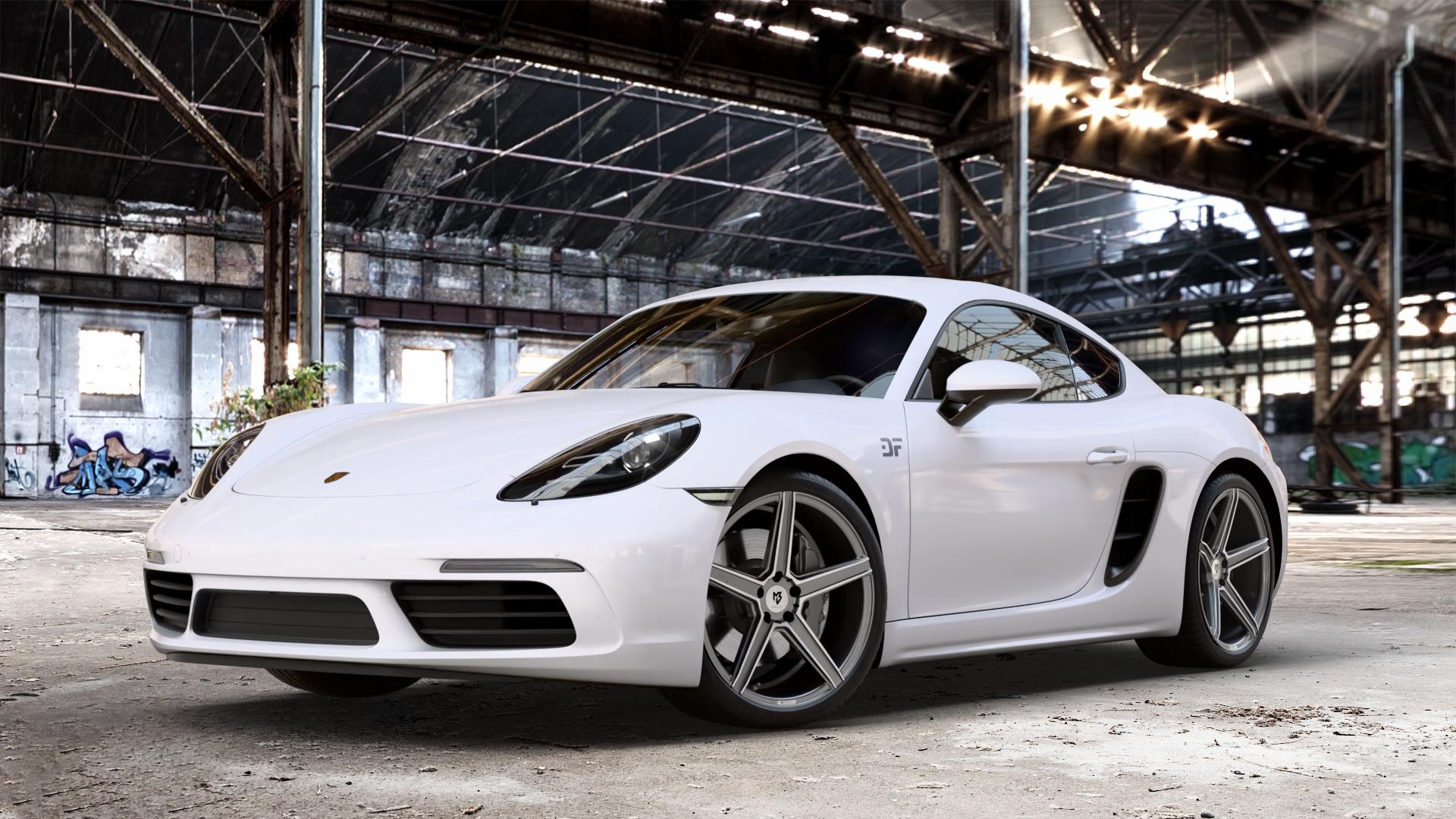 MB-DESIGN KV1 Glanzgrau poliert Felge mit Reifen silber in 20Zoll Alufelge auf weissem Porsche 718 Cayman Typ 982 ⬇️ mit 15mm Tieferlegung ⬇️ Old Industrial Hall_max_4400mm_2024 Frontansicht_1