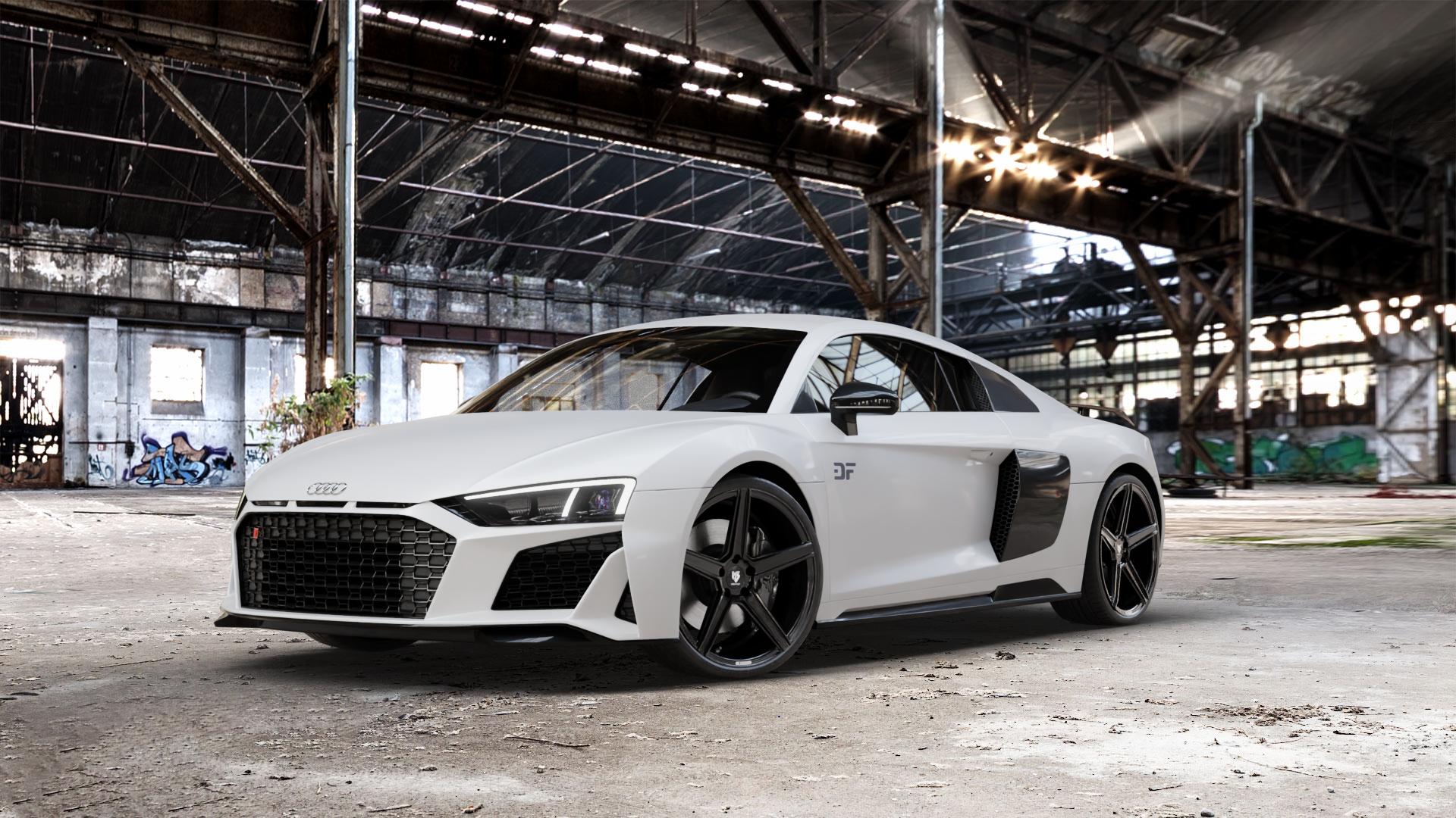 MB-DESIGN KV1 Glanzschwarz Felge mit Reifen in 20Zoll Winterfelge Alufelge auf weissem Audi R8 Typ 4S Facelift 19-> ⬇️ mit 15mm Tieferlegung ⬇️ Old Industrial Hall_max_5300mm_2024 Frontansicht_1