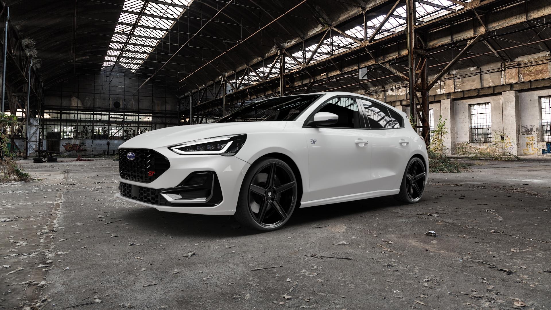 MB-DESIGN KV1 Glanzschwarz Felge mit Reifen in 20Zoll Winterfelge Alufelge auf weissem Ford Focus IV Typ DEH Facelift (Schrägheck) 2,3l EcoBoost 206kW ST (280 PS) ⬇️ mit 15mm Tieferlegung ⬇️ Old Industrial Hall_max5000mm_2022 Frontansicht_1
