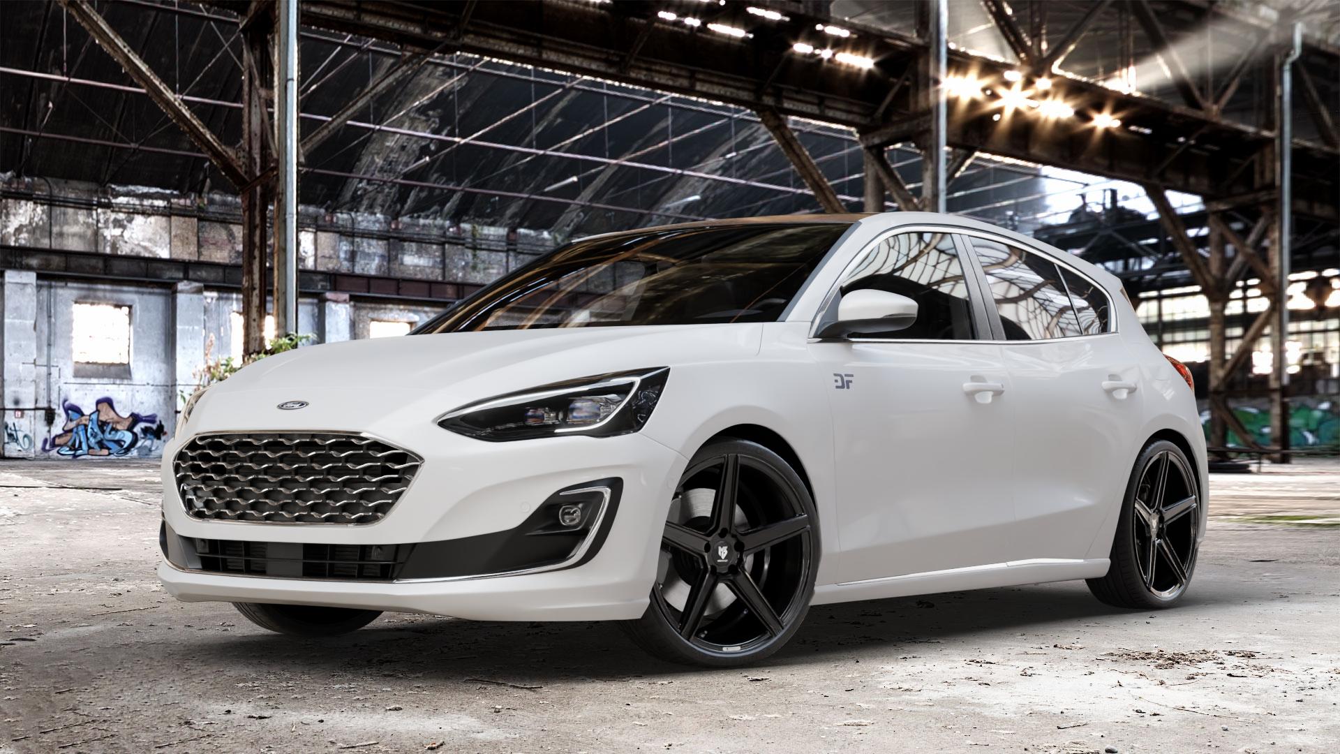 MB-DESIGN KV1 Glanzschwarz Felge mit Reifen in 20Zoll Winterfelge Alufelge auf weissem Ford Focus IV Typ DEH (Schrägheck) ⬇️ mit 15mm Tieferlegung ⬇️ Old Industrial Hall_max_4400mm_2024 Frontansicht_1