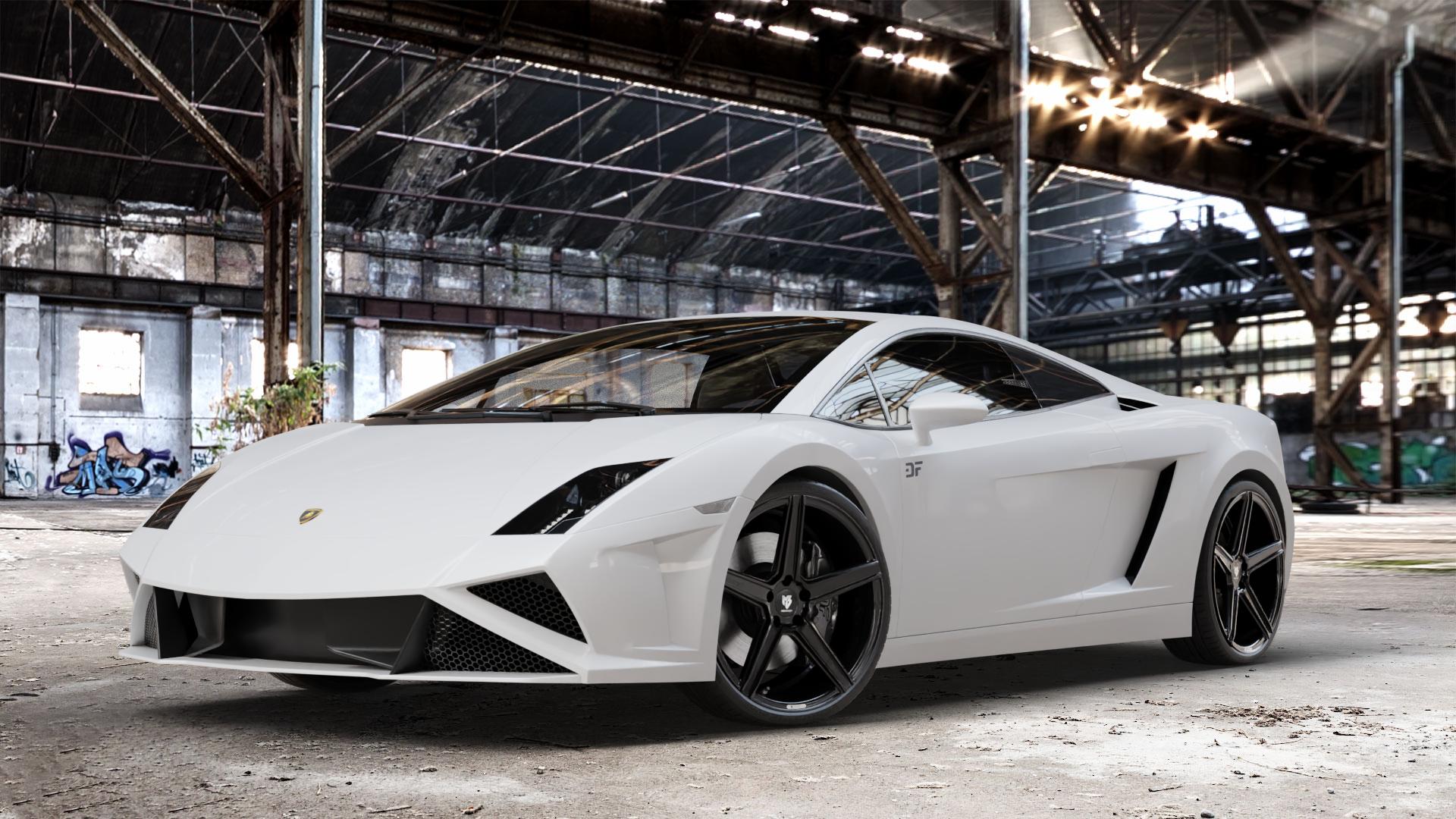 MB-DESIGN KV1 Glanzschwarz Felge mit Reifen in 20Zoll Winterfelge Alufelge auf weissem Lamborghini Gallardo ⬇️ mit 15mm Tieferlegung ⬇️ Old Industrial Hall_max_4400mm_2024 Frontansicht_1