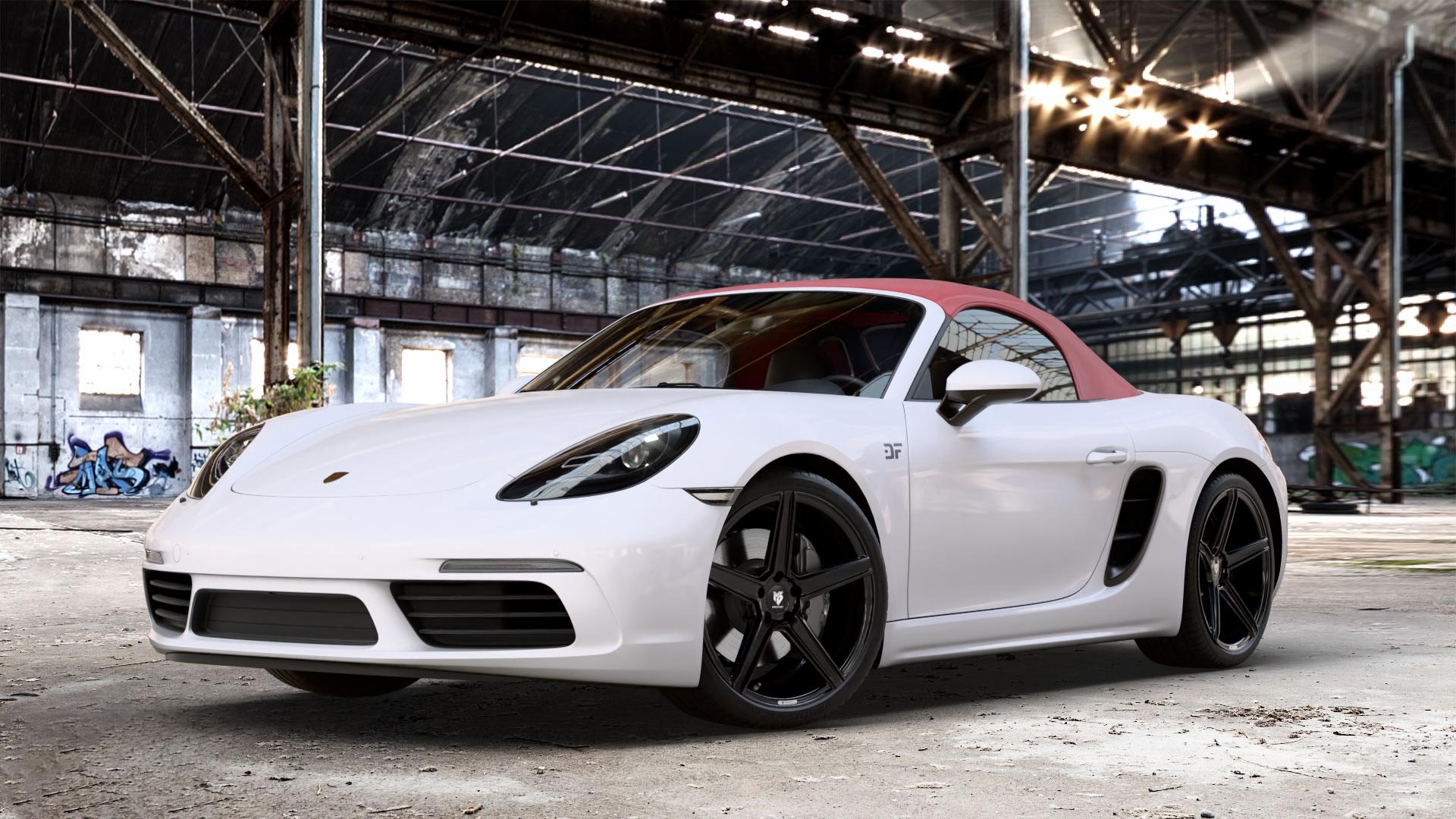 MB-DESIGN KV1 Glanzschwarz Felge mit Reifen in 20Zoll Winterfelge Alufelge auf weissem Porsche 718 Boxster Typ 982 ⬇️ mit 15mm Tieferlegung ⬇️ Old Industrial Hall_max_4400mm_2024 Frontansicht_1