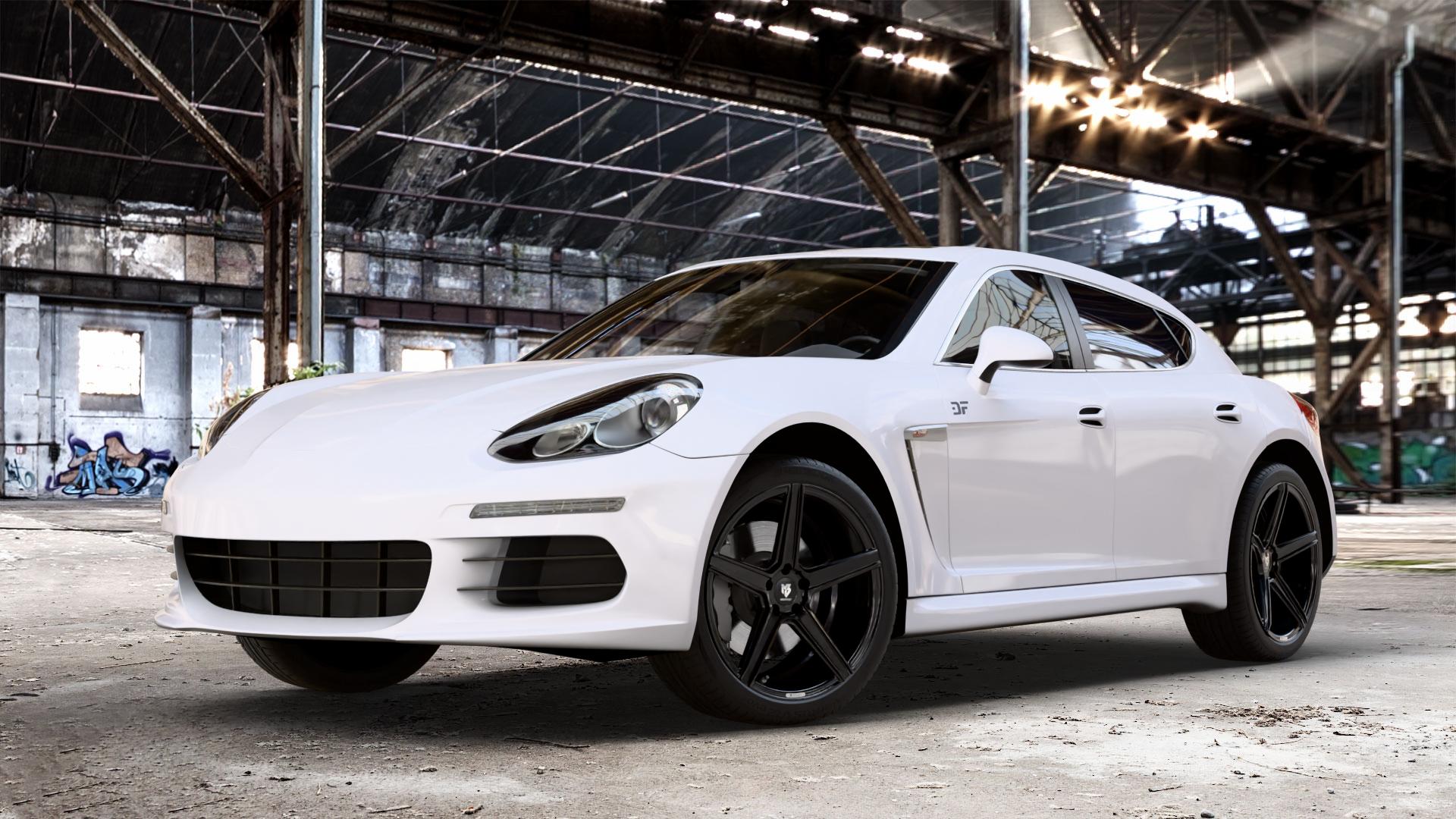 MB-DESIGN KV1 Glanzschwarz Felge mit Reifen in 20Zoll Winterfelge Alufelge auf weissem Porsche Panamera Typ 970 Facelift ⬇️ mit 15mm Tieferlegung ⬇️ Old Industrial Hall_max_4400mm_2024 Frontansicht_1