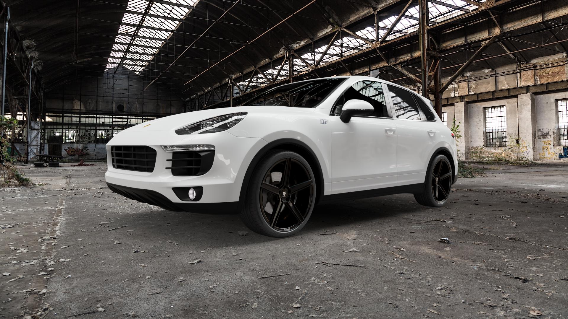 MB-DESIGN KV1 Glanzschwarz Felge mit Reifen in 22Zoll Winterfelge Alufelge auf weissem Porsche Cayenne II Typ 92A Facelift ⬇️ mit 15mm Tieferlegung ⬇️ Old Industrial Hall_max5000mm_2022 Frontansicht_1