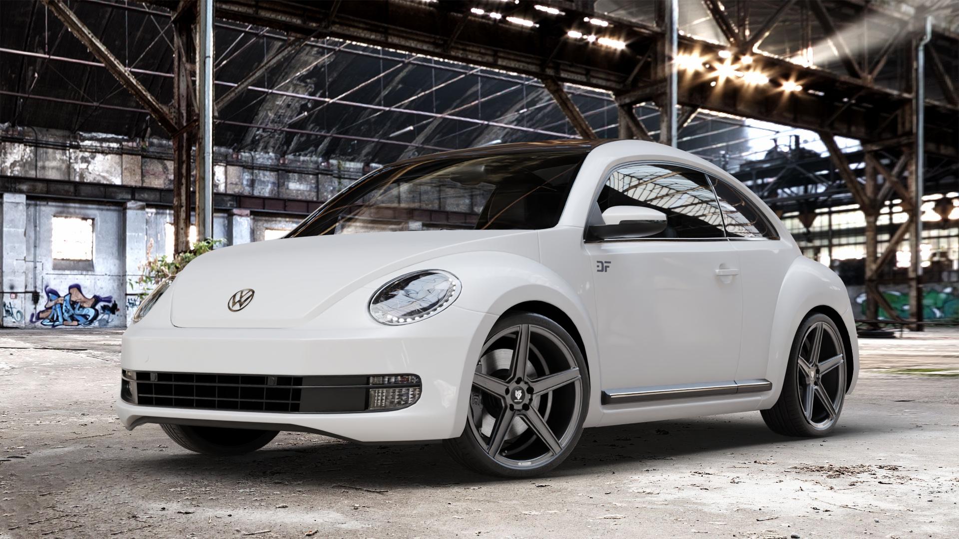 MB-DESIGN KV1 Mattgrau Felge mit Reifen in 20Zoll Winterfelge Alufelge auf weissem Volkswagen (VW) The Beetle Typ 16 ⬇️ mit 15mm Tieferlegung ⬇️ Old Industrial Hall_max_4400mm_2024 Frontansicht_1