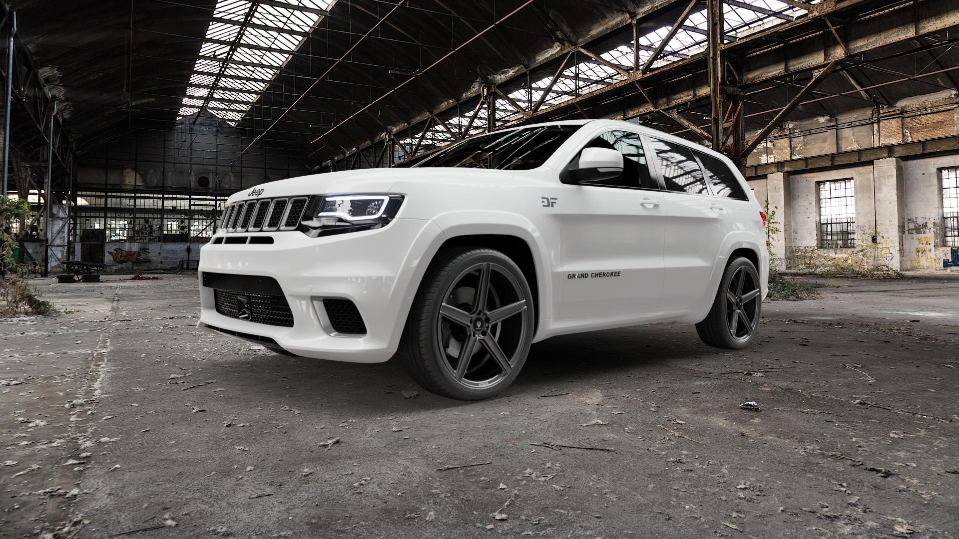 MB-DESIGN KV1 Mattgrau Felge mit Reifen in 22Zoll Winterfelge Alufelge auf weissem Jeep Grand Cherokee IV Typ WK Facelift 17 ⬇️ mit 15mm Tieferlegung ⬇️ Old Industrial Hall_max5000mm_2022 Frontansicht_1