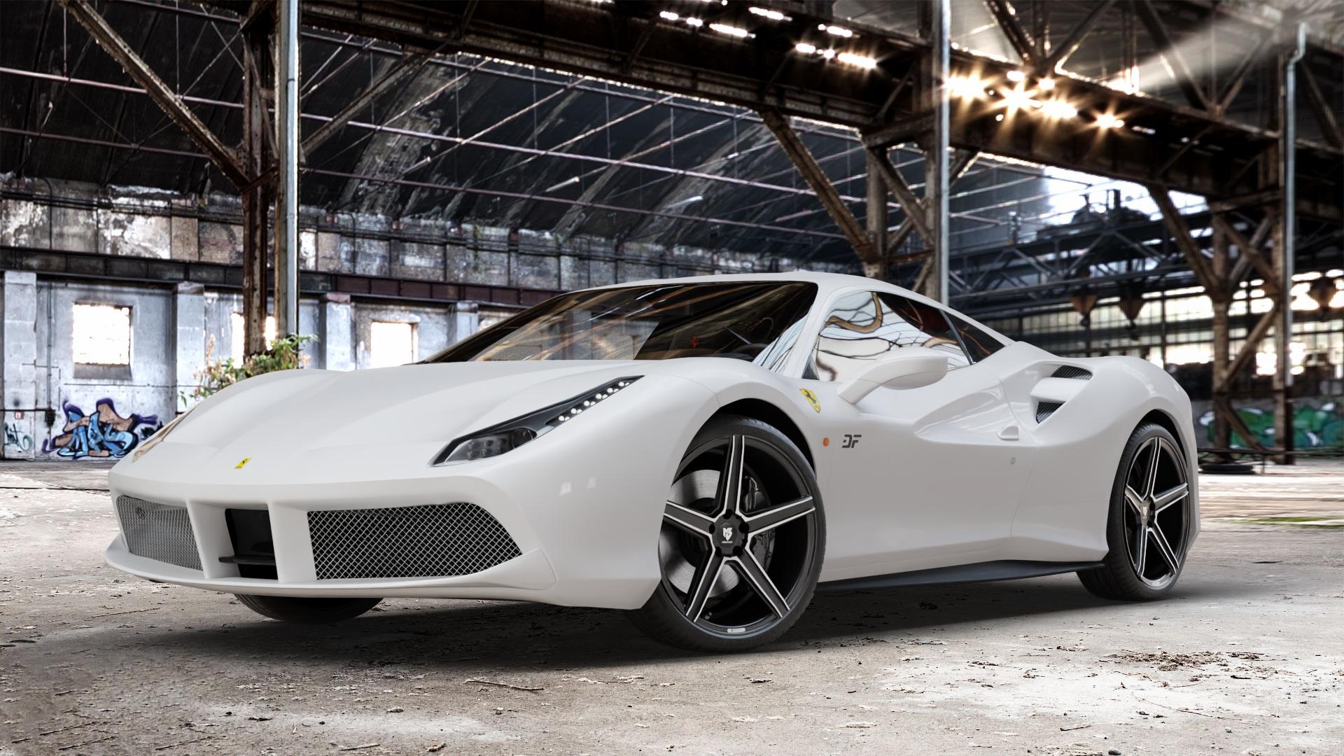 MB-DESIGN KV1 Mattschwarz poliert Felge mit Reifen mehrfarbig in 20Zoll Alufelge auf weissem Ferrari 488 GTB ⬇️ mit 15mm Tieferlegung ⬇️ Old Industrial Hall_max_4400mm_2024 Frontansicht_1