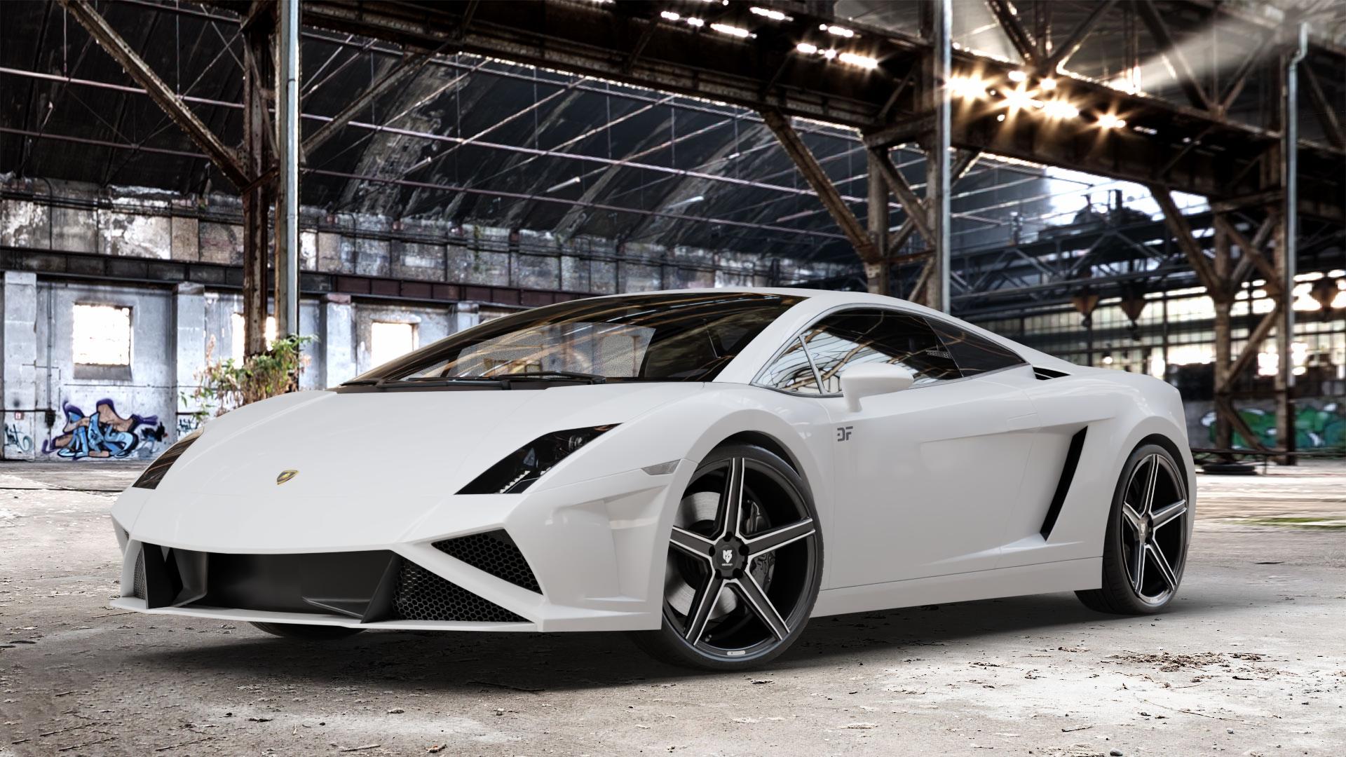 MB-DESIGN KV1 Mattschwarz poliert Felge mit Reifen mehrfarbig in 20Zoll Alufelge auf weissem Lamborghini Gallardo ⬇️ mit 15mm Tieferlegung ⬇️ Old Industrial Hall_max_4400mm_2024 Frontansicht_1