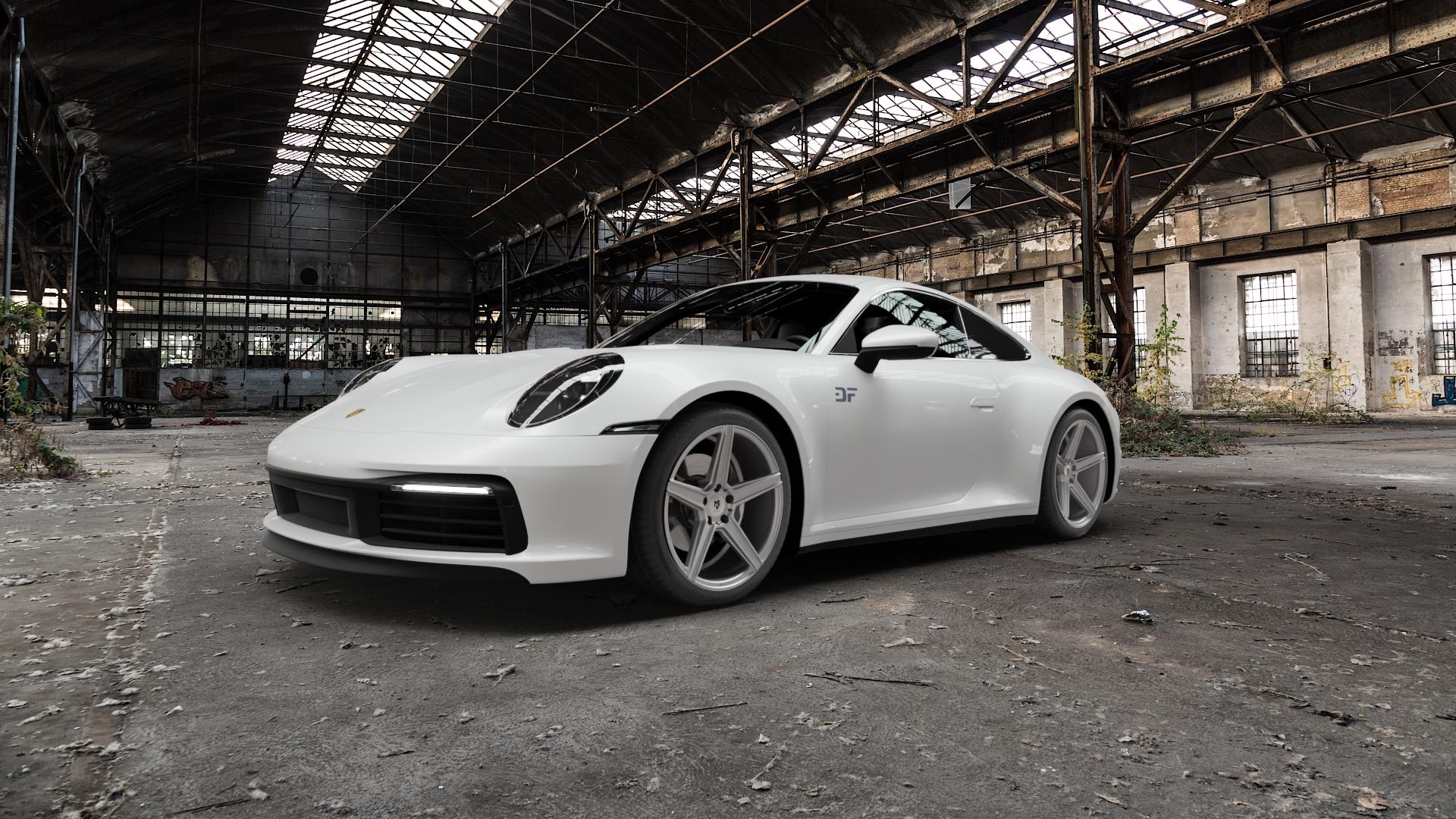 MB-DESIGN KV1 Silber Felge mit Reifen in 19Zoll Winterfelge Alufelge auf weissem Porsche 911 Typ 992 Cabriolet 992TR Targa Facelift ⬇️ mit 15mm Tieferlegung ⬇️ Old Industrial Hall_max5000mm_2022 Frontansicht_1