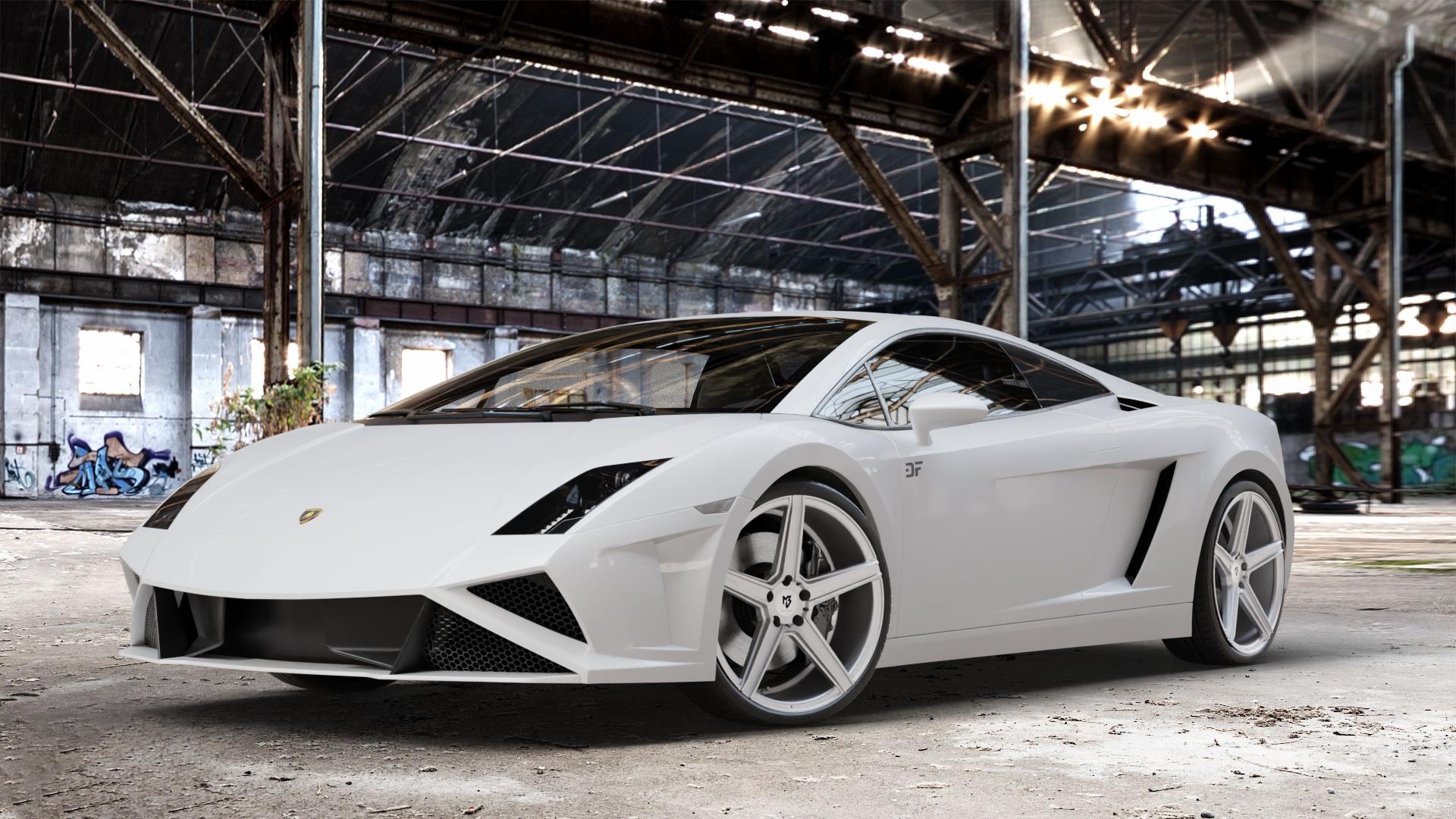 MB-DESIGN KV1 Silber Felge mit Reifen in 20Zoll Winterfelge Alufelge auf weissem Lamborghini Gallardo ⬇️ mit 15mm Tieferlegung ⬇️ Old Industrial Hall_max_4400mm_2024 Frontansicht_1