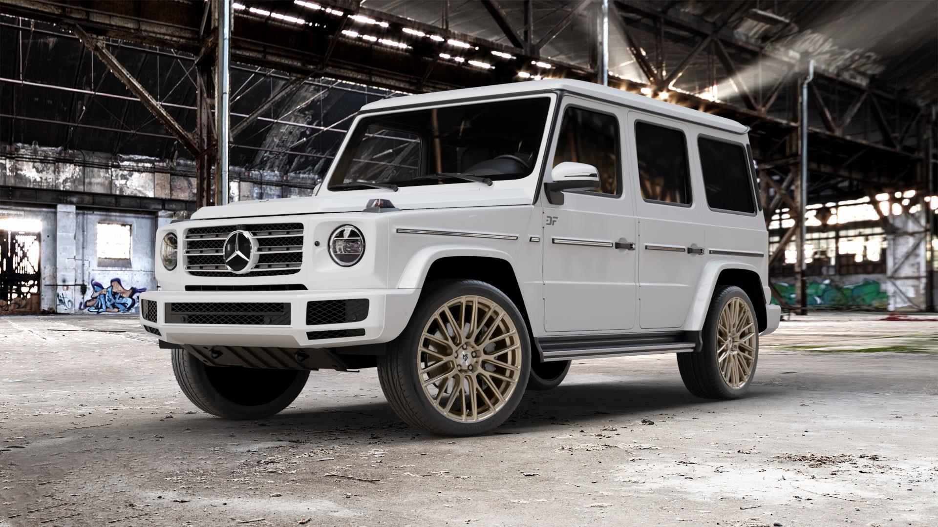 MB-DESIGN KV4 Bronze light matt Felge mit Reifen in 22Zoll Winterfelge Alufelge auf weissem Mercedes G-Klasse Typ W463 Facelift (18->) ⬇️ mit 15mm Tieferlegung ⬇️ Old Industrial Hall_max_5300mm_2024 Frontansicht_1