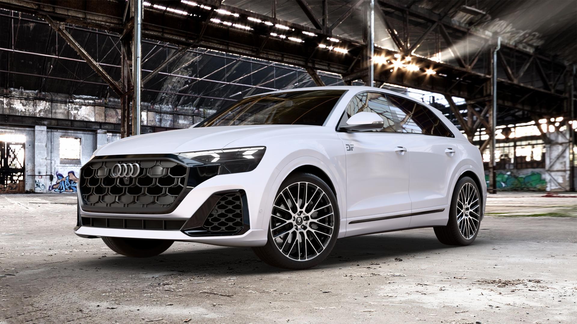 MB-DESIGN KV4 Glanzschwarz poliert Felge mit Reifen in 22Zoll Alufelge auf weißem Audi Q8 Typ 4M (4L) Facelift ⬇️ mit 15mm Tieferlegung ⬇️ Old Industrial Hall_max_5300mm_2024 Frontansicht_1