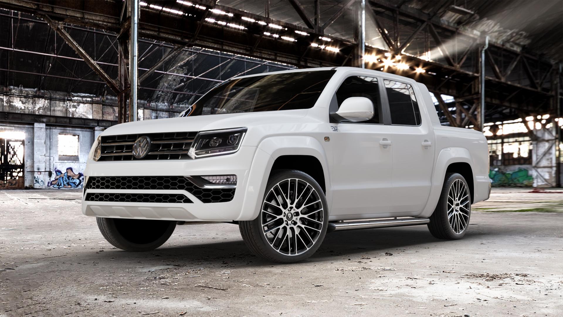 MB-DESIGN KV4 Glanzschwarz poliert Felge mit Reifen in 22Zoll Alufelge auf weissem Volkswagen (VW) Amarok I Typ 2H Facelift ⬇️ mit 15mm Tieferlegung ⬇️ Old Industrial Hall_max_5300mm_2024 Frontansicht_1