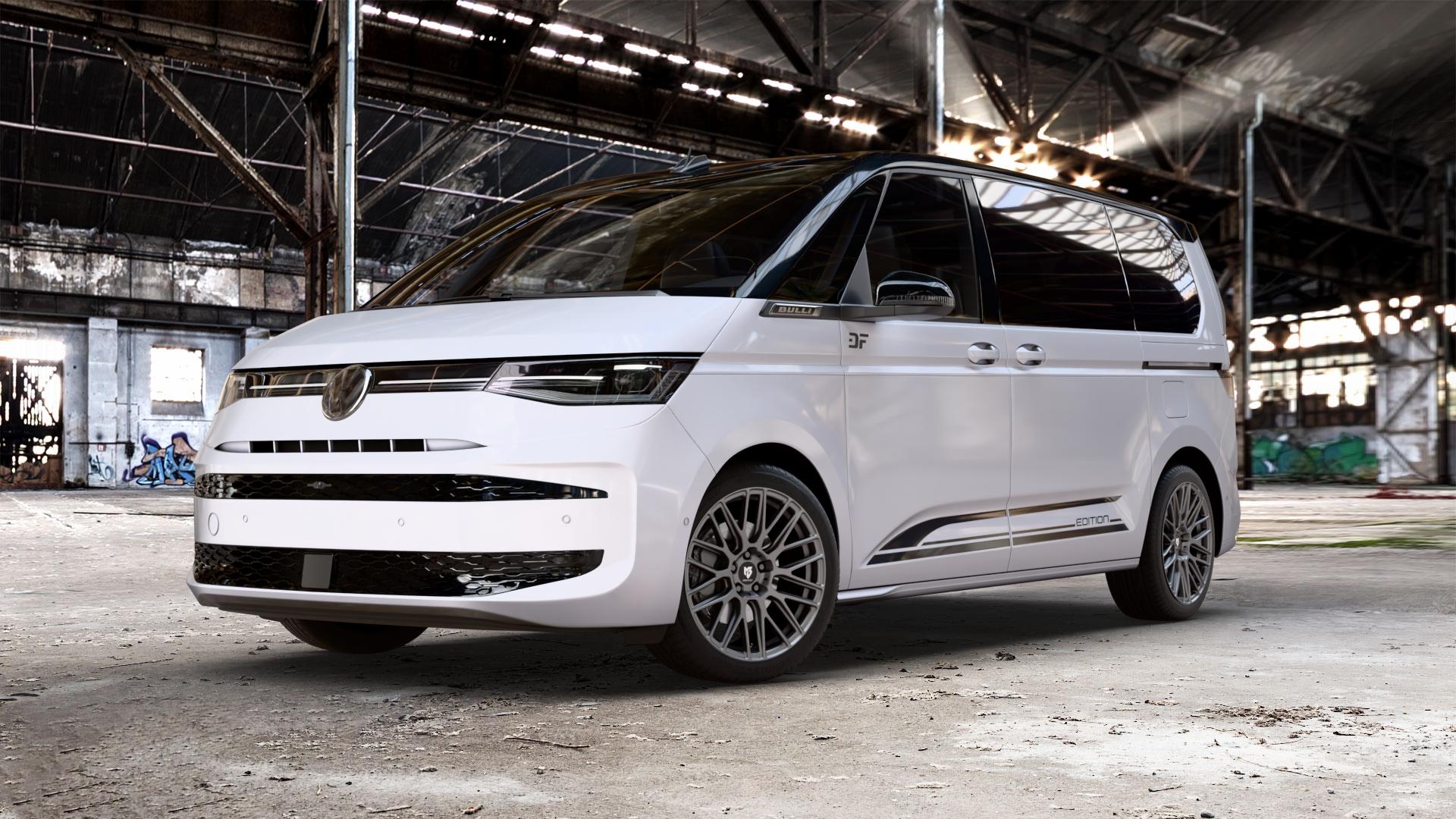 MB-DESIGN KV4 Mattgrau Felge mit Reifen in 19Zoll Winterfelge Alufelge auf weissem und schwarzem Volkswagen (VW) T7 Multivan Bus ⬇️ mit 15mm Tieferlegung ⬇️ Old Industrial Hall_max_5300mm_2024 Frontansicht_1