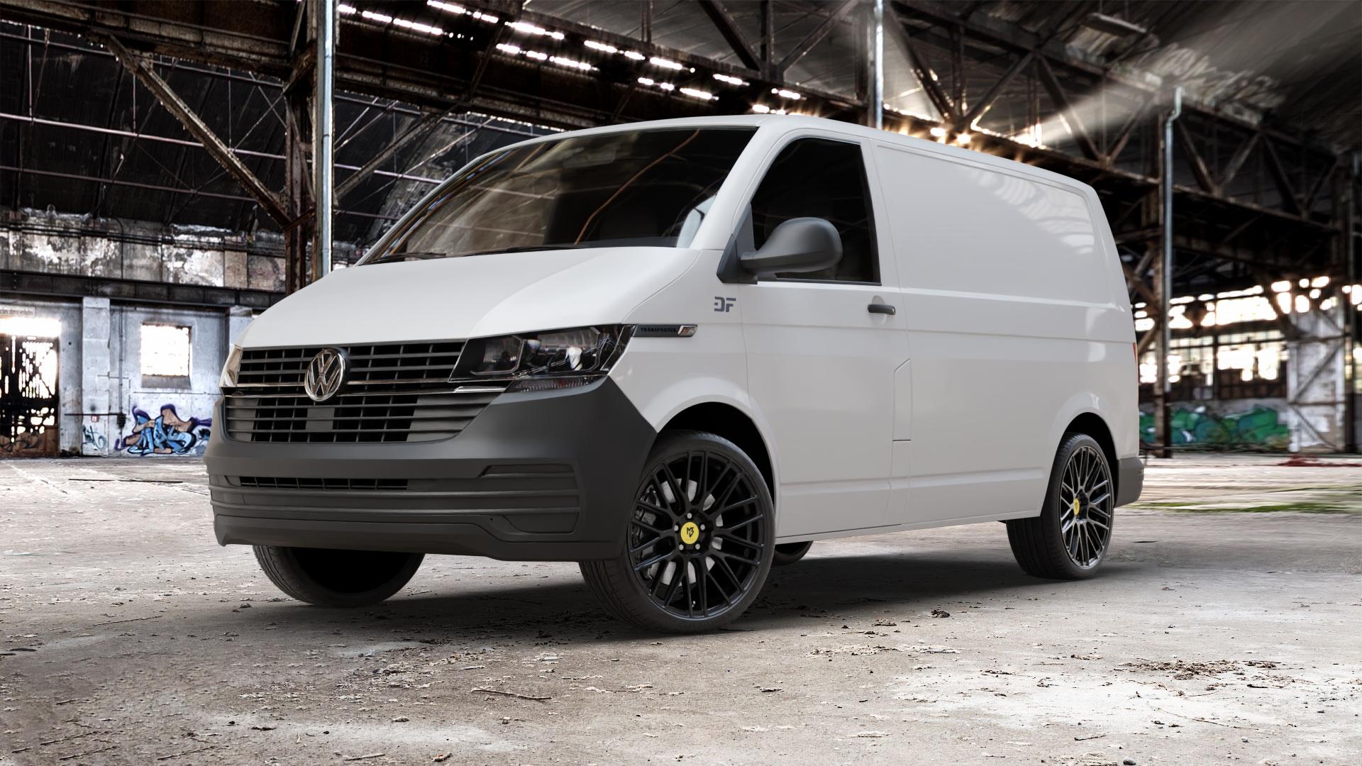 MB-DESIGN KV4 Schwarz stumpfmatt Felge mit Reifen in 20Zoll Winterfelge Alufelge auf weissem Volkswagen (VW) T6.1 Kastenwagen ⬇️ mit 15mm Tieferlegung ⬇️ Old Industrial Hall_max_5300mm_2024 Frontansicht_1