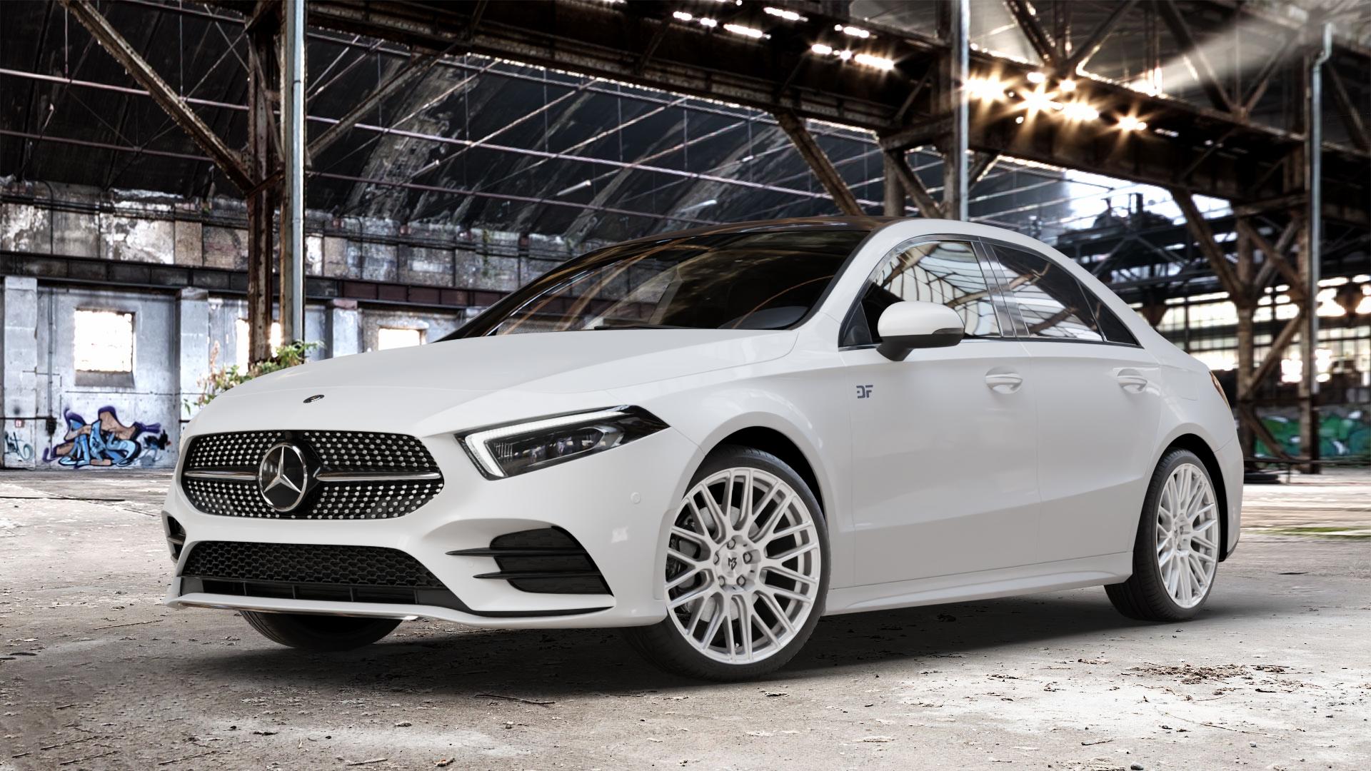 MB-DESIGN KV4 Silber Felge mit Reifen in 19Zoll Winterfelge Alufelge auf weissem Mercedes A-Klasse IV Typ 177 (F2A) Limousine Facelift ⬇️ mit 15mm Tieferlegung ⬇️ Old Industrial Hall_max_4400mm_2024 Frontansicht_1