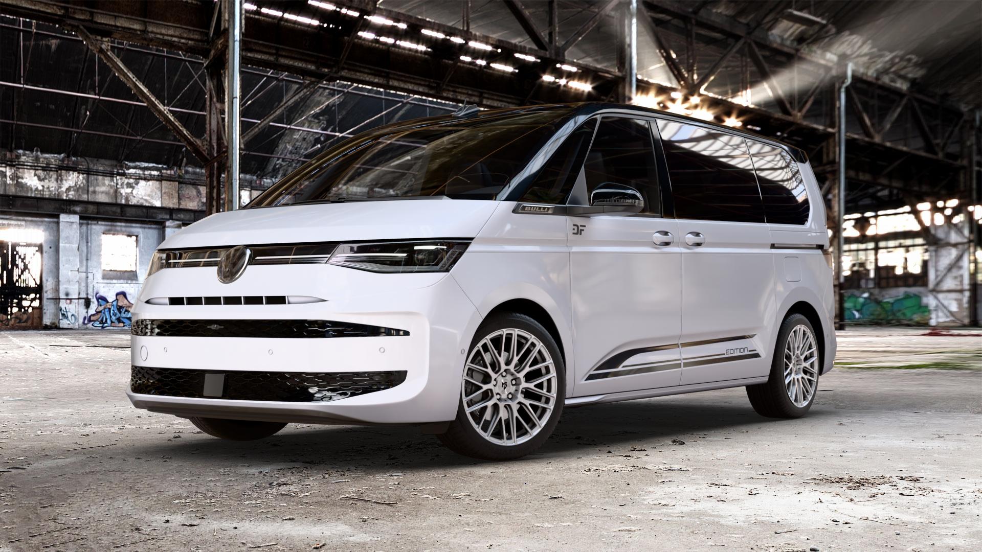 MB-DESIGN KV4 Silber Felge mit Reifen in 19Zoll Winterfelge Alufelge auf weissem und schwarzem Volkswagen (VW) T7 Multivan Bus ⬇️ mit 15mm Tieferlegung ⬇️ Old Industrial Hall_max_5300mm_2024 Frontansicht_1