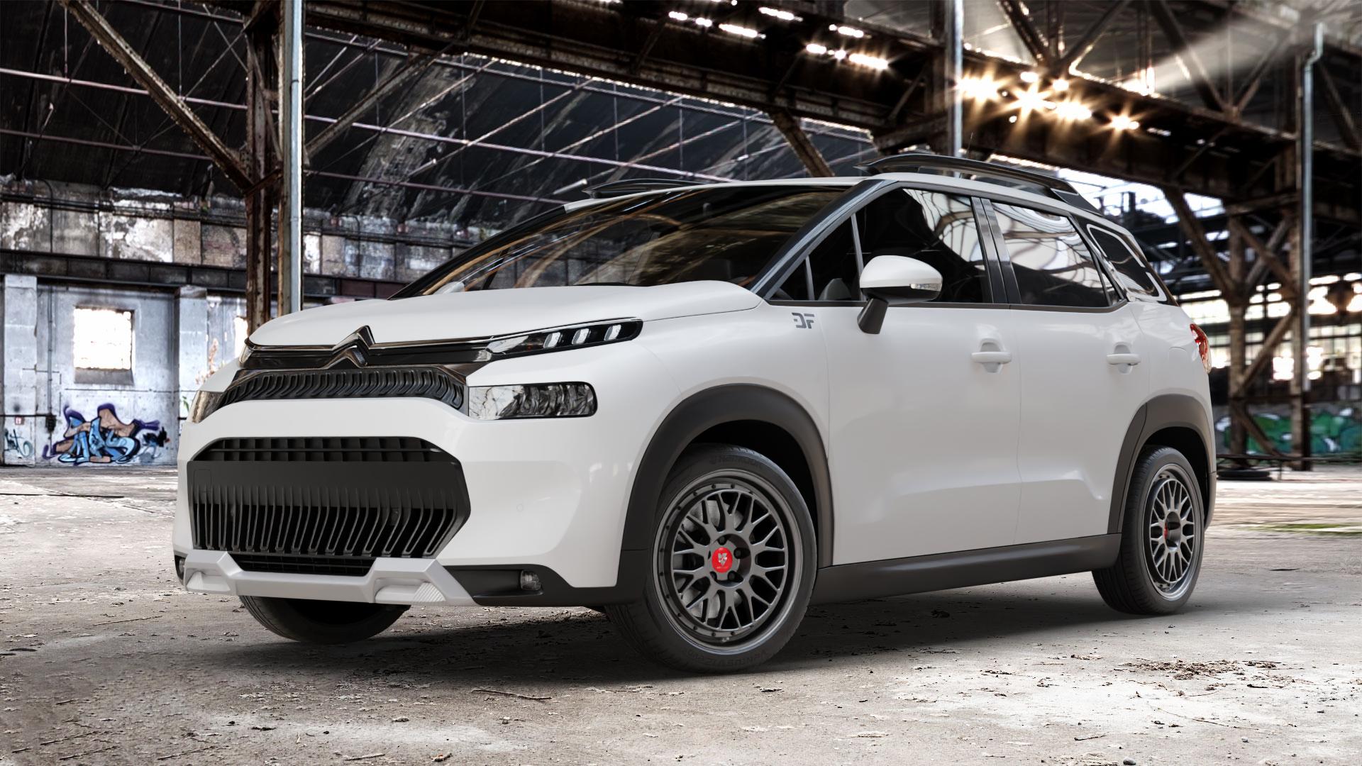 MB-DESIGN LV1 Mattgrau Felge mit Reifen in 18Zoll Winterfelge Alufelge auf weissem Citroen C3 Aircross Typ 2 Facelift ⬇️ mit 15mm Tieferlegung ⬇️ Old Industrial Hall_max_4400mm_2024 Frontansicht_1