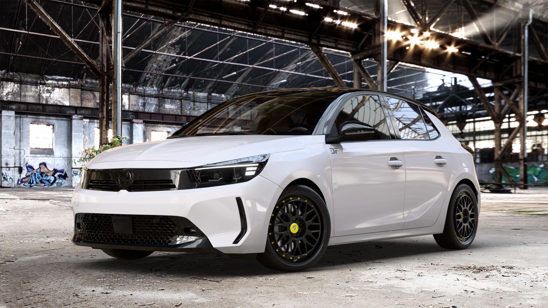 MB-DESIGN LV1 Schwarz stumpfmatt Felge mit Reifen mehrfarbig in 18Zoll Winterfelge Alufelge auf weissem Opel Corsa F Typ U Facelift 0,0l 57kW Corsa-e (77 PS) 62kW (84 1,2l Turbo 74kW Mild-Hybrid (101 100kW (136 ⬇️ mit 15mm Tieferlegung ⬇️ Old Industrial Hall_max_4400mm_2024 Frontansicht_1