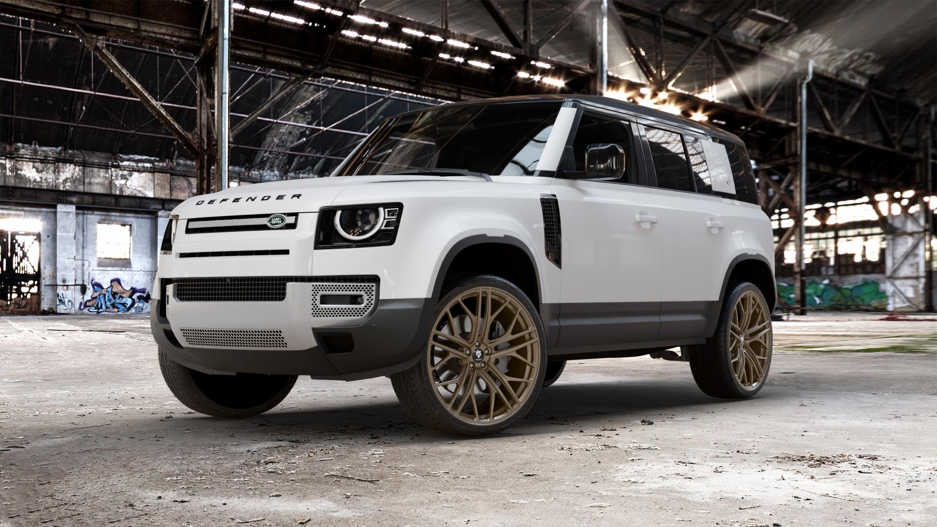 MB-DESIGN SF1 Forged Bronze light matt Felge mit Reifen in 24Zoll Winterfelge Alufelge auf weissem Land Rover Defender 110 Typ LE ⬇️ mit 15mm Tieferlegung ⬇️ Old Industrial Hall_max_5300mm_2024 Frontansicht_1