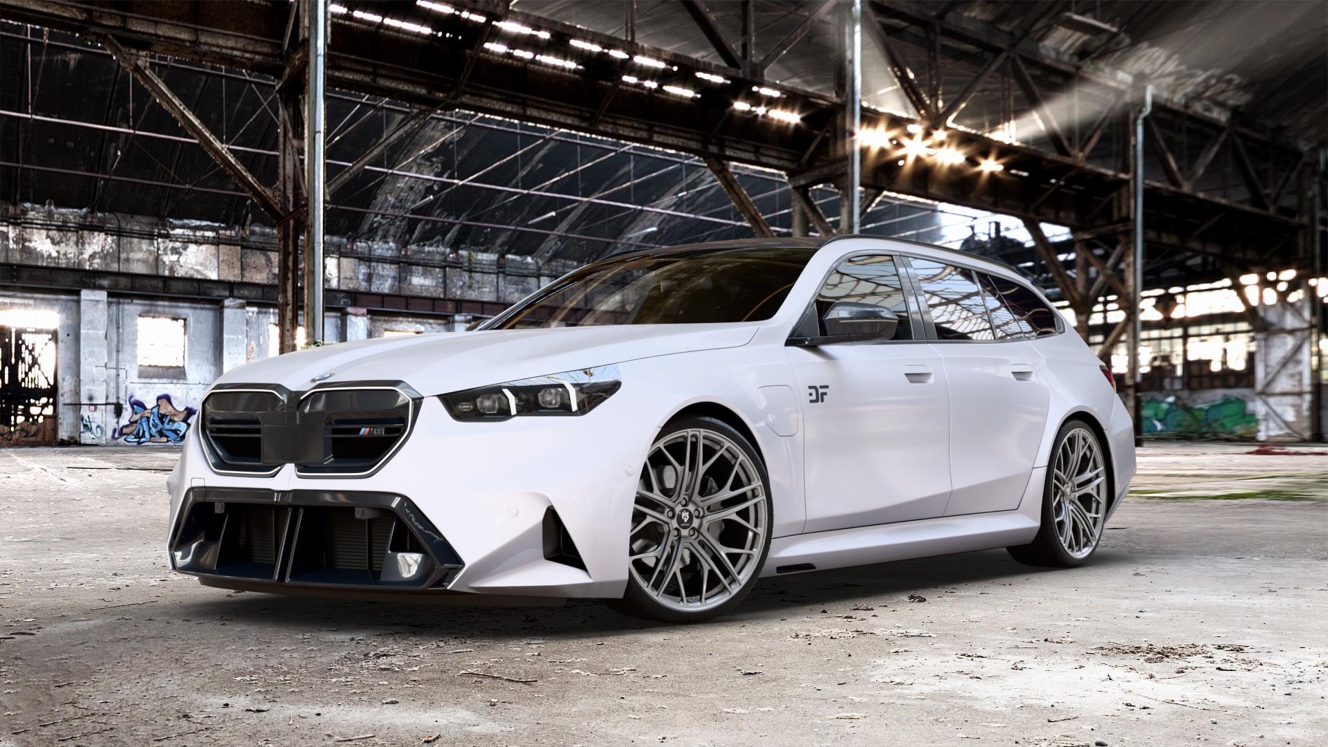 MB-DESIGN SF1 Forged Glanzgrau Felge mit Reifen in 22Zoll Winterfelge Alufelge auf weissem BMW M5 Typ G99 (Touring) ⬇️ mit 15mm Tieferlegung ⬇️ Old Industrial Hall_max_5300mm_2024 Frontansicht_1