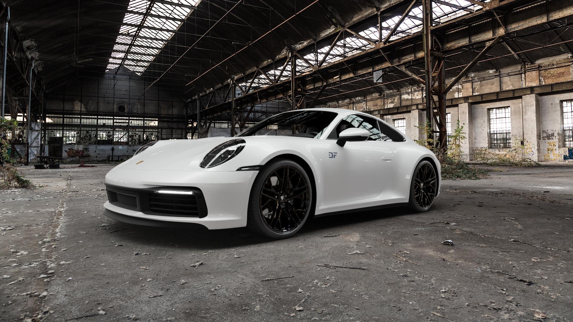 MB-DESIGN SF1 Forged Glanzschwarz Felge mit Reifen in 20Zoll Winterfelge Alufelge auf weissem Porsche 911 Typ 992 Cabriolet 992TR Targa Facelift ⬇️ mit 15mm Tieferlegung ⬇️ Old Industrial Hall_max5000mm_2022 Frontansicht_1