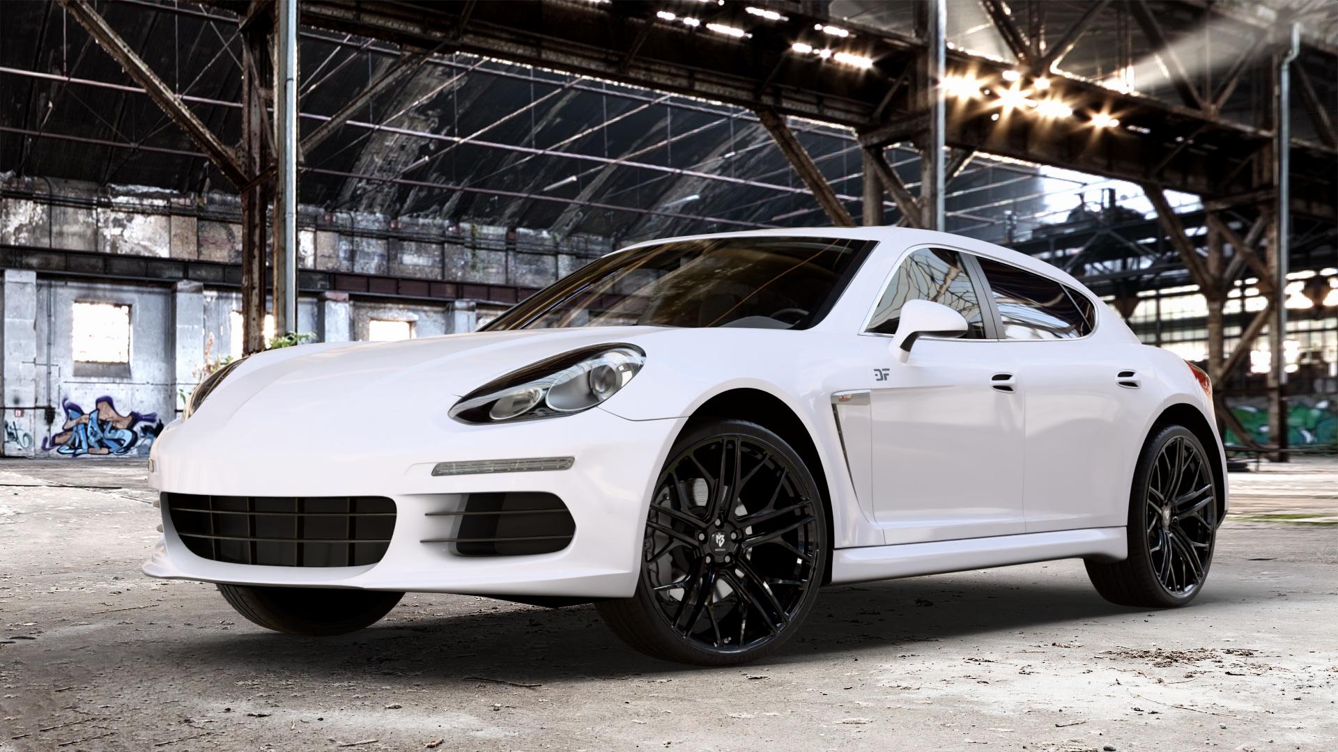 MB-DESIGN SF1 Forged Glanzschwarz Felge mit Reifen in 22Zoll Winterfelge Alufelge auf weissem Porsche Panamera Typ 970 Facelift ⬇️ mit 15mm Tieferlegung ⬇️ Old Industrial Hall_max_4400mm_2024 Frontansicht_1