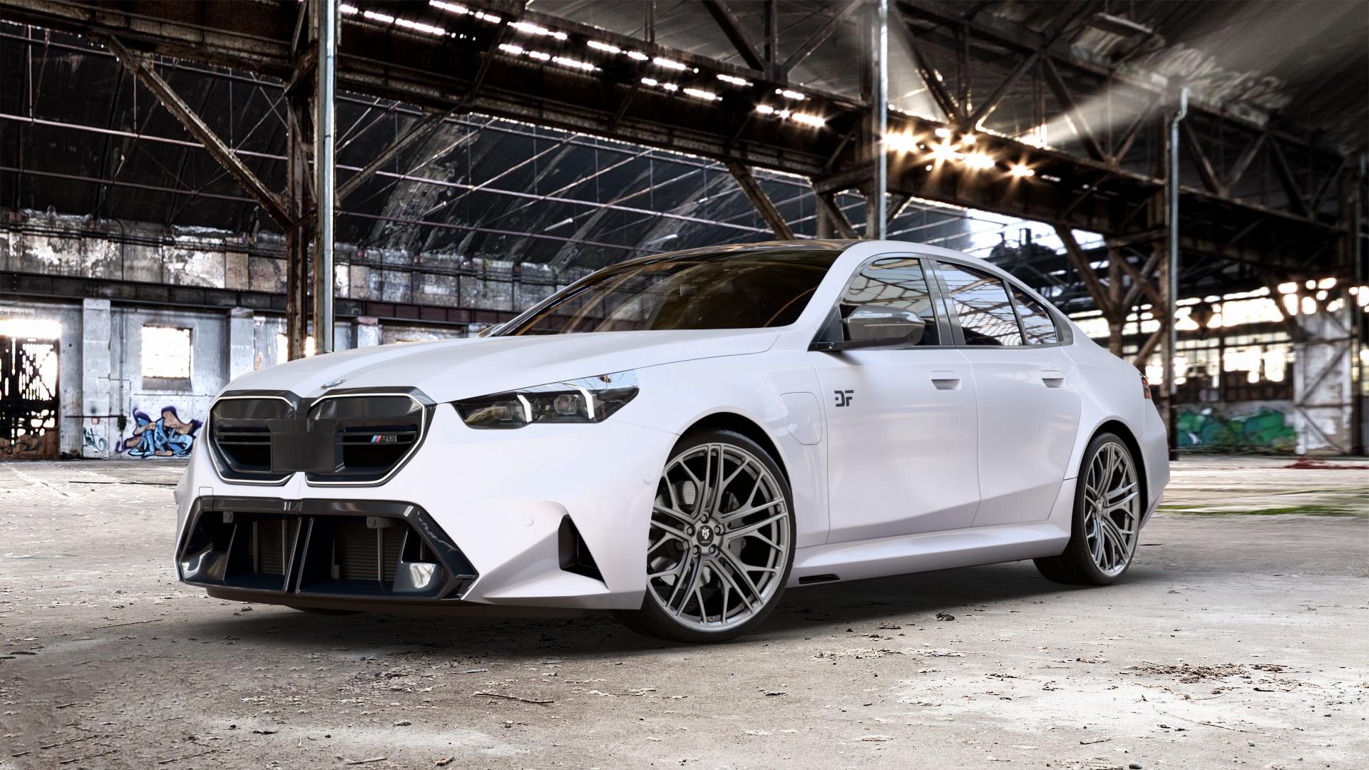 MB-DESIGN SF1 Forged Mattgrau Felge mit Reifen in 22Zoll Winterfelge Alufelge auf weissem BMW M5 Typ G90 (Limousine) ⬇️ mit 15mm Tieferlegung ⬇️ Old Industrial Hall_max_5300mm_2024 Frontansicht_1