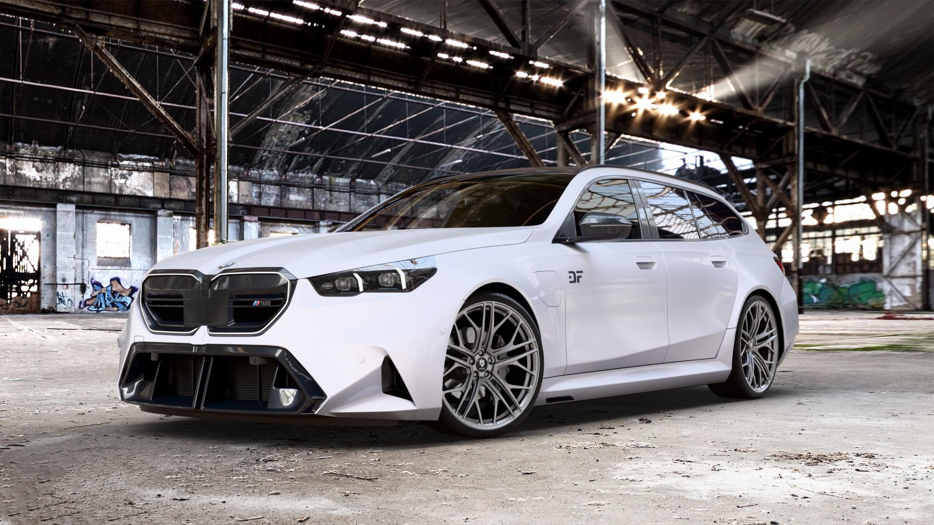 MB-DESIGN SF1 Forged Mattgrau Felge mit Reifen in 22Zoll Winterfelge Alufelge auf weissem BMW M5 Typ G99 (Touring) ⬇️ mit 15mm Tieferlegung ⬇️ Old Industrial Hall_max_5300mm_2024 Frontansicht_1