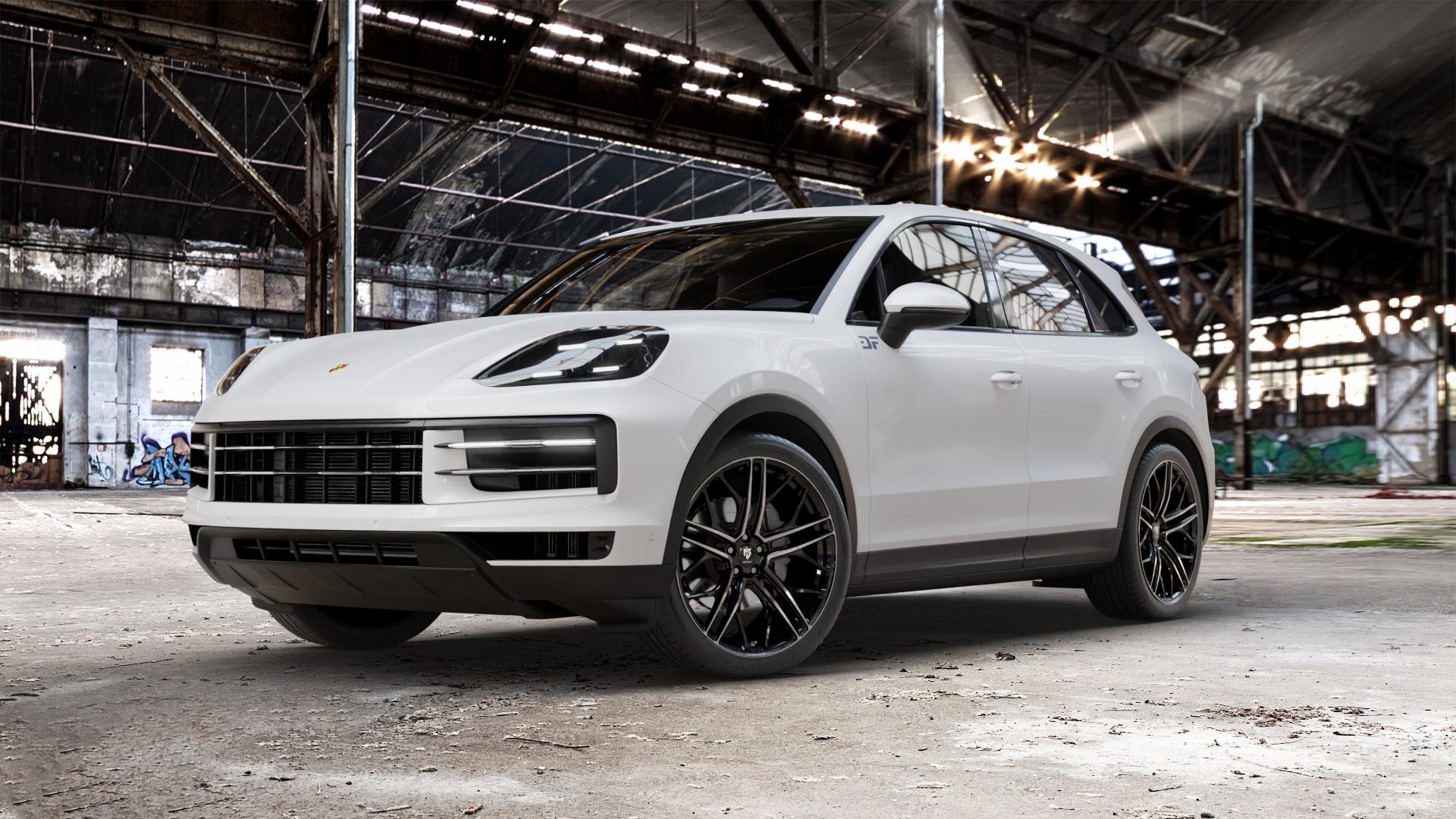 MB-DESIGN SF1 Forged Rauchschwarz glänzend poliert Felge mit Reifen in 22Zoll Alufelge auf weissem Porsche Cayenne III Typ 9YA Facelift ⬇️ mit 15mm Tieferlegung ⬇️ Old Industrial Hall_max_5300mm_2024 Frontansicht_1