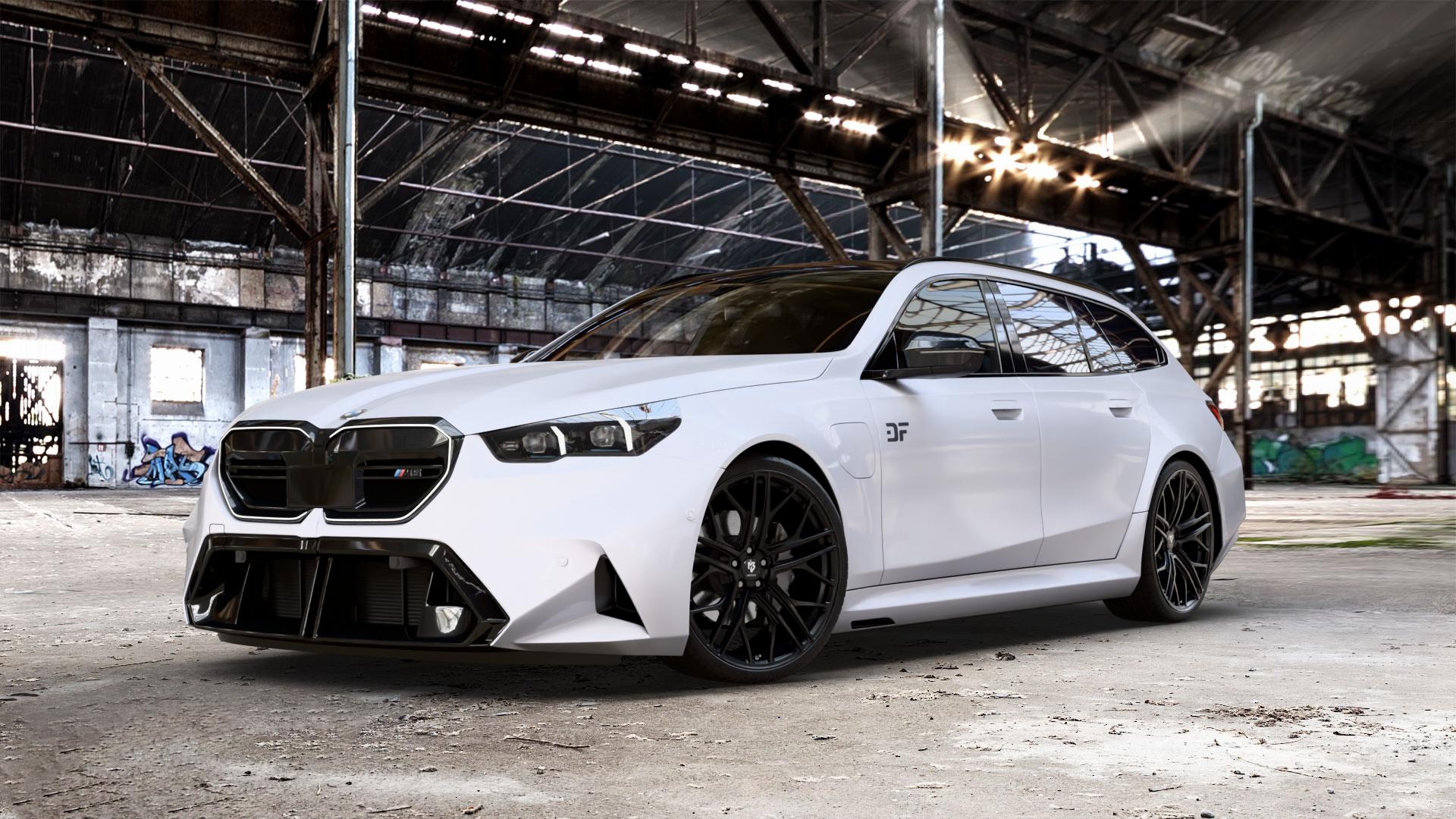 MB-DESIGN SF1 Forged Schwarz stumpfmatt Felge mit Reifen in 22Zoll Winterfelge Alufelge auf weissem BMW M5 Typ G99 (Touring) ⬇️ mit 15mm Tieferlegung ⬇️ Old Industrial Hall_max_5300mm_2024 Frontansicht_1