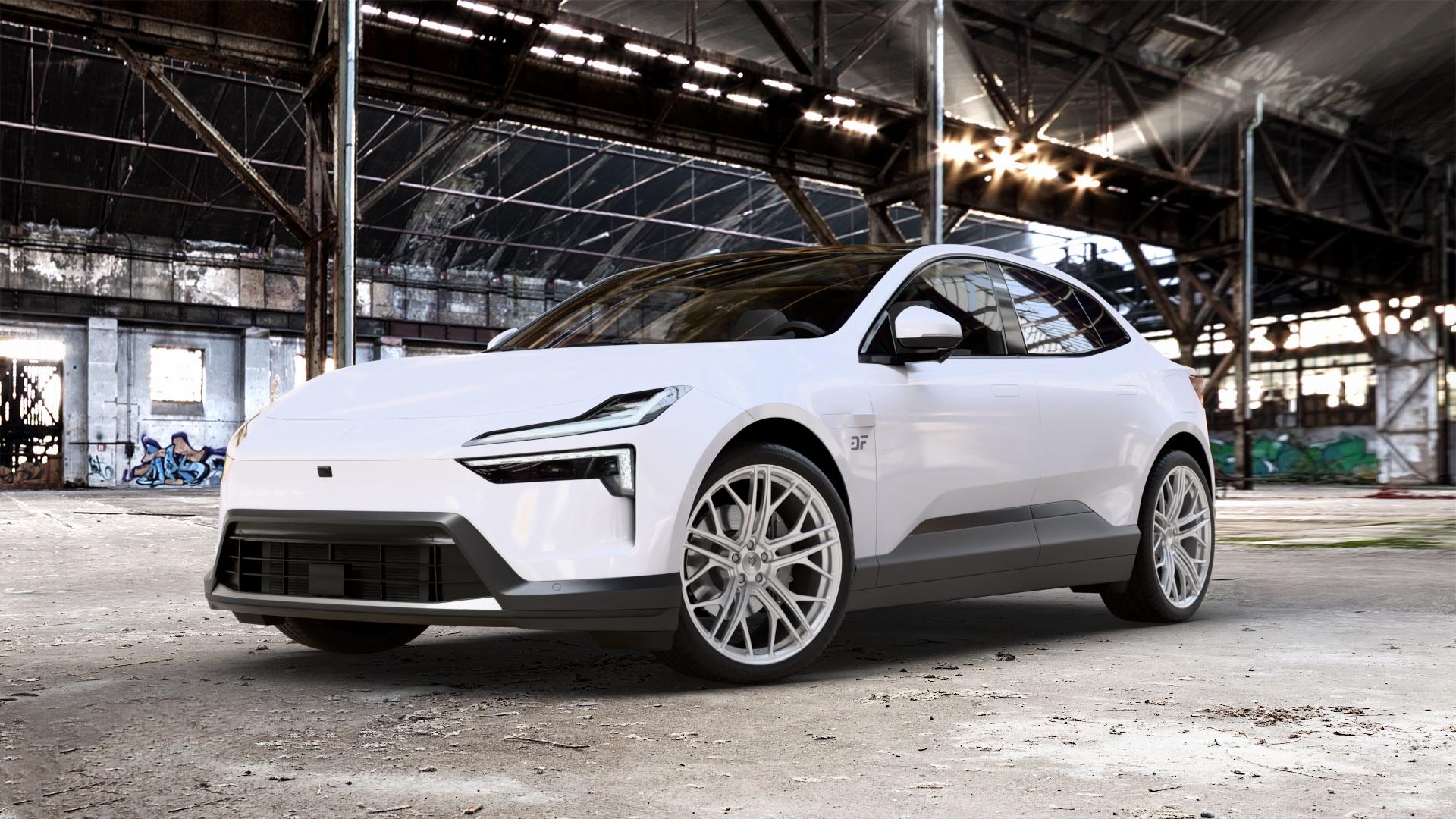 MB-DESIGN SF1 Forged Silber Felge mit Reifen in 22Zoll Winterfelge Alufelge auf weissem Polestar 4 0,0l 75kW (102 PS) 150kW AWD (204 ⬇️ mit 15mm Tieferlegung ⬇️ Old Industrial Hall_max_5300mm_2024 Frontansicht_1