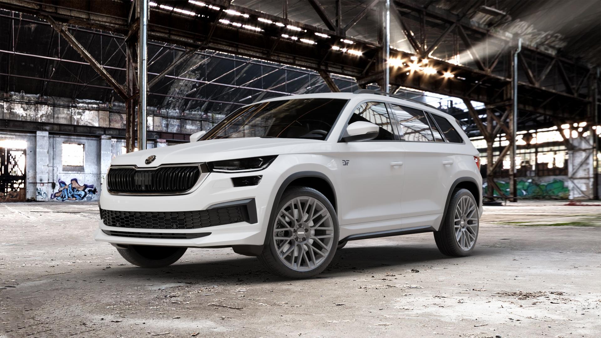 MOMO REVENGE Anthracite matt Felge mit Reifen anthrazit in 20Zoll Winterfelge Alufelge auf weissem Skoda Kodiaq Typ NS Facelift ⬇️ mit 15mm Tieferlegung ⬇️ Old Industrial Hall_max_5300mm_2024 Frontansicht_1